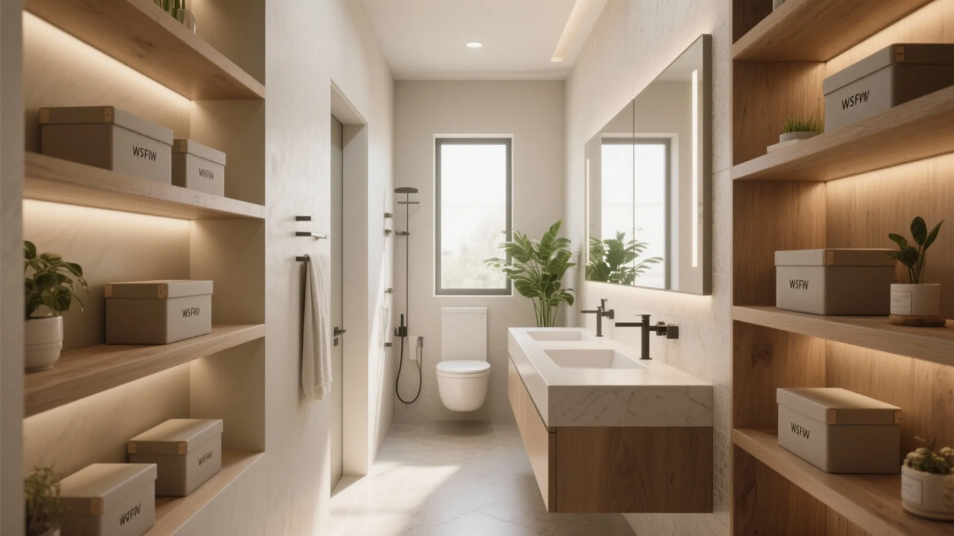 Modern bathroom featuring a double vanity large lit mirror floating wooden cabinet toilet and open shelving