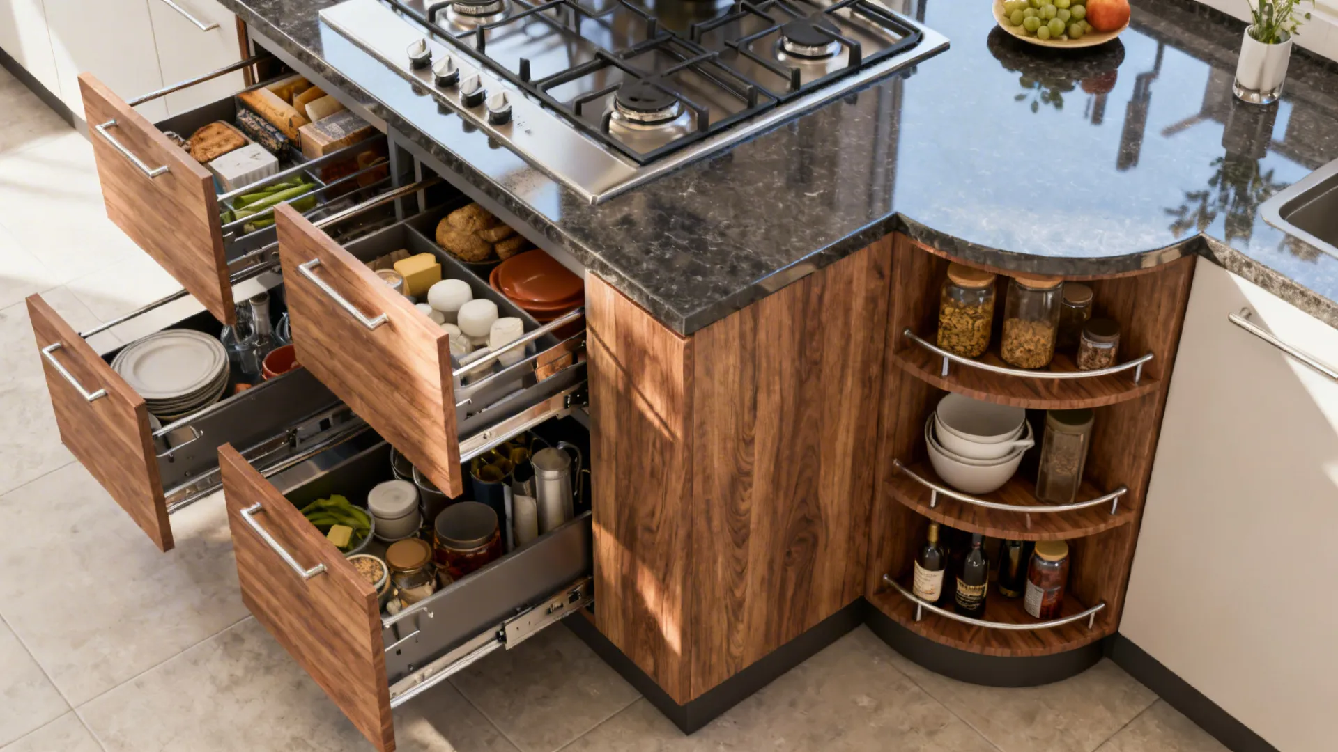 Top-down view of a 10x10 kitchen showing pull-outs, toe-kick drawers and corner solutions for accessibility.