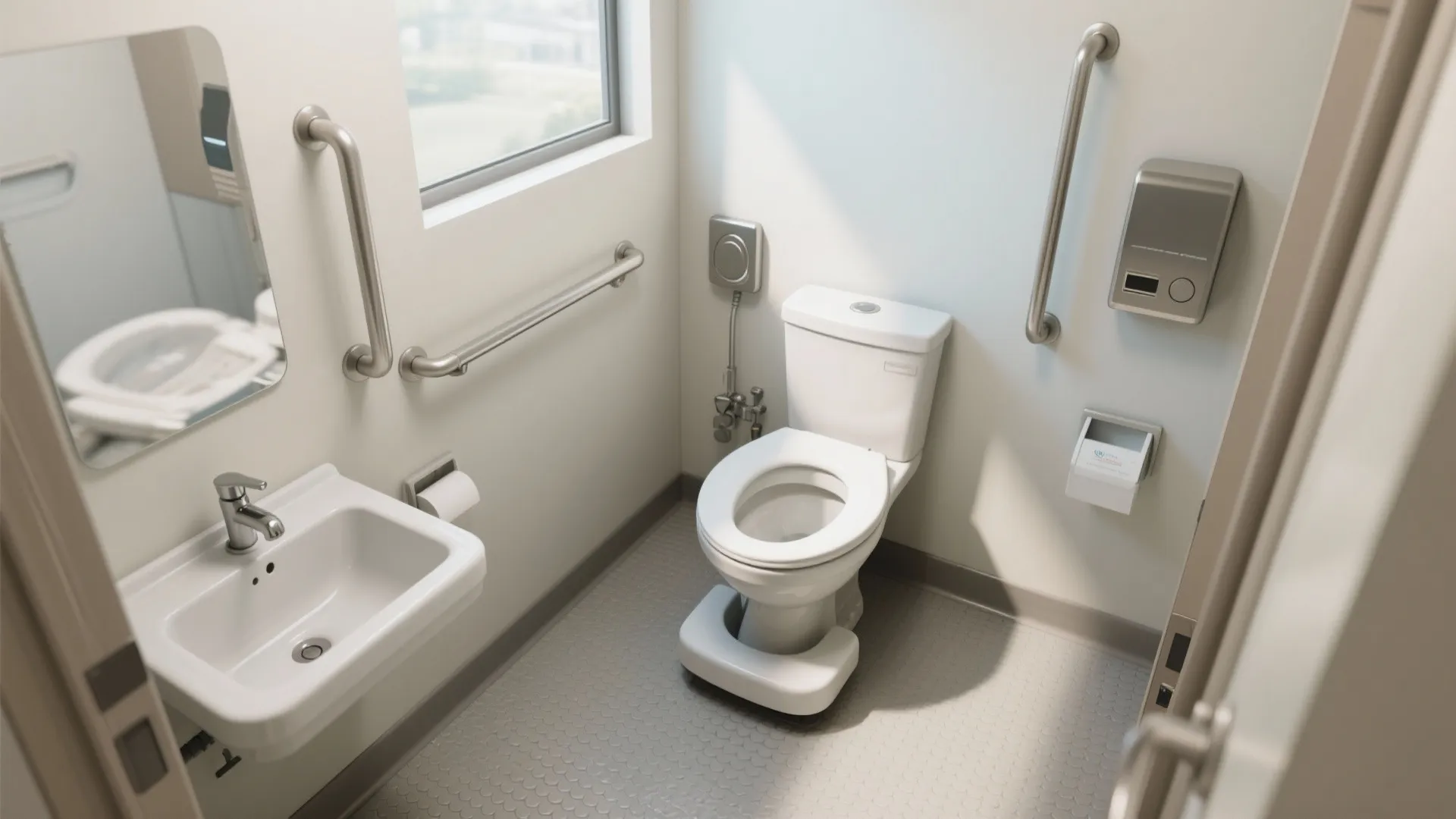 Accessible small water closet with raised toilet, grab bars, and lever taps