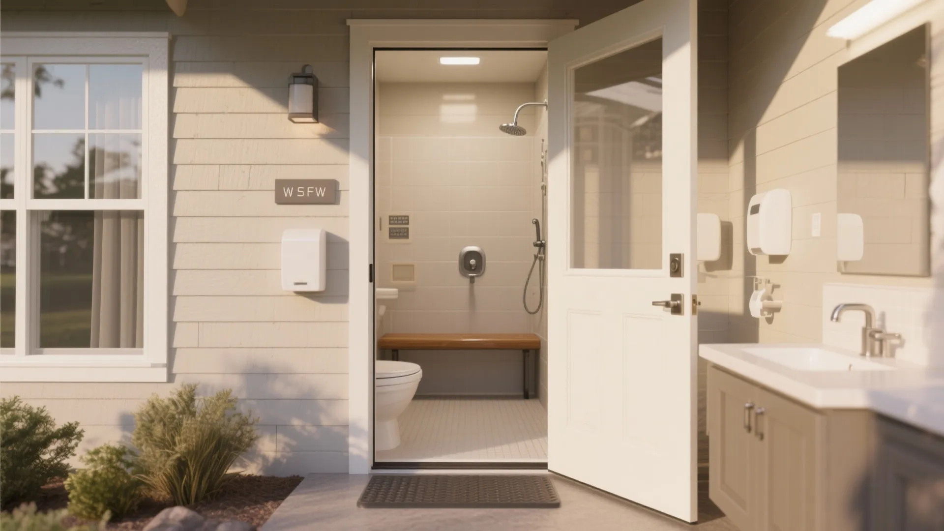 Accessible guest house with zero-step entry, wide doorway and roll-in shower for maneuvering.