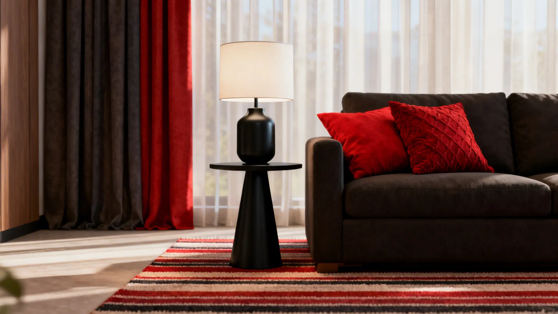 Living room showing black and red accessories that echo the curtain palette for cohesion
