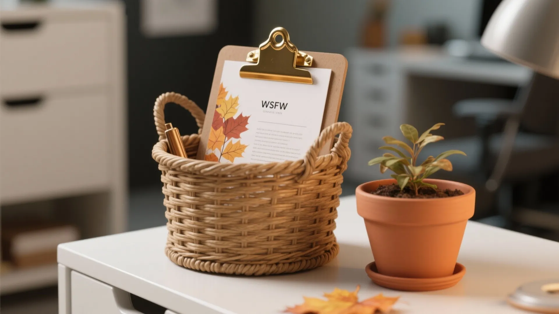 Woven basket on white desk holding clipboard with autumn leaves and a small green plant