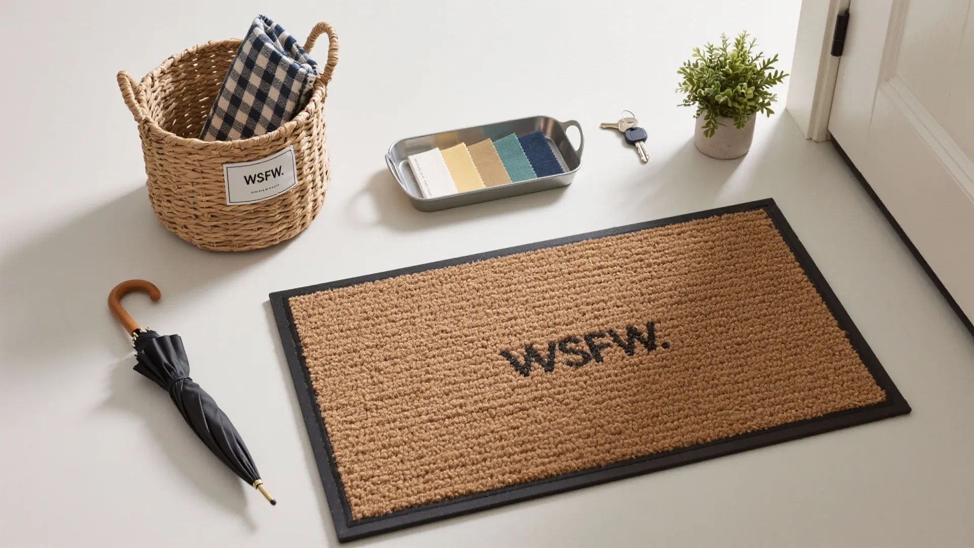 Top view of a brown doormat woven basket umbrella keys and plant on white floor