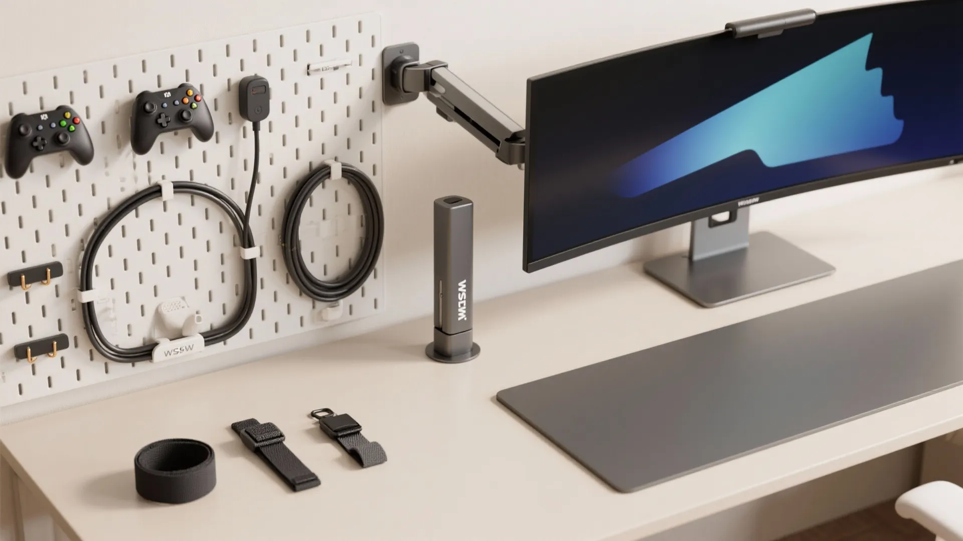 Top-down flatlay of monitor arm, pegboard with mounted controllers, cable channels and velcro ties.