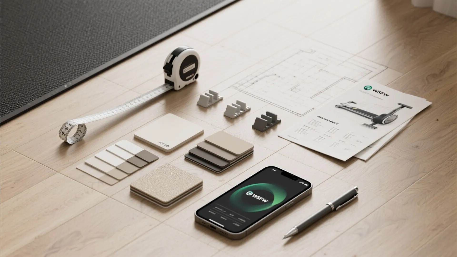 Measuring tape color samples a phone and interior design drawing laid out on wood floor