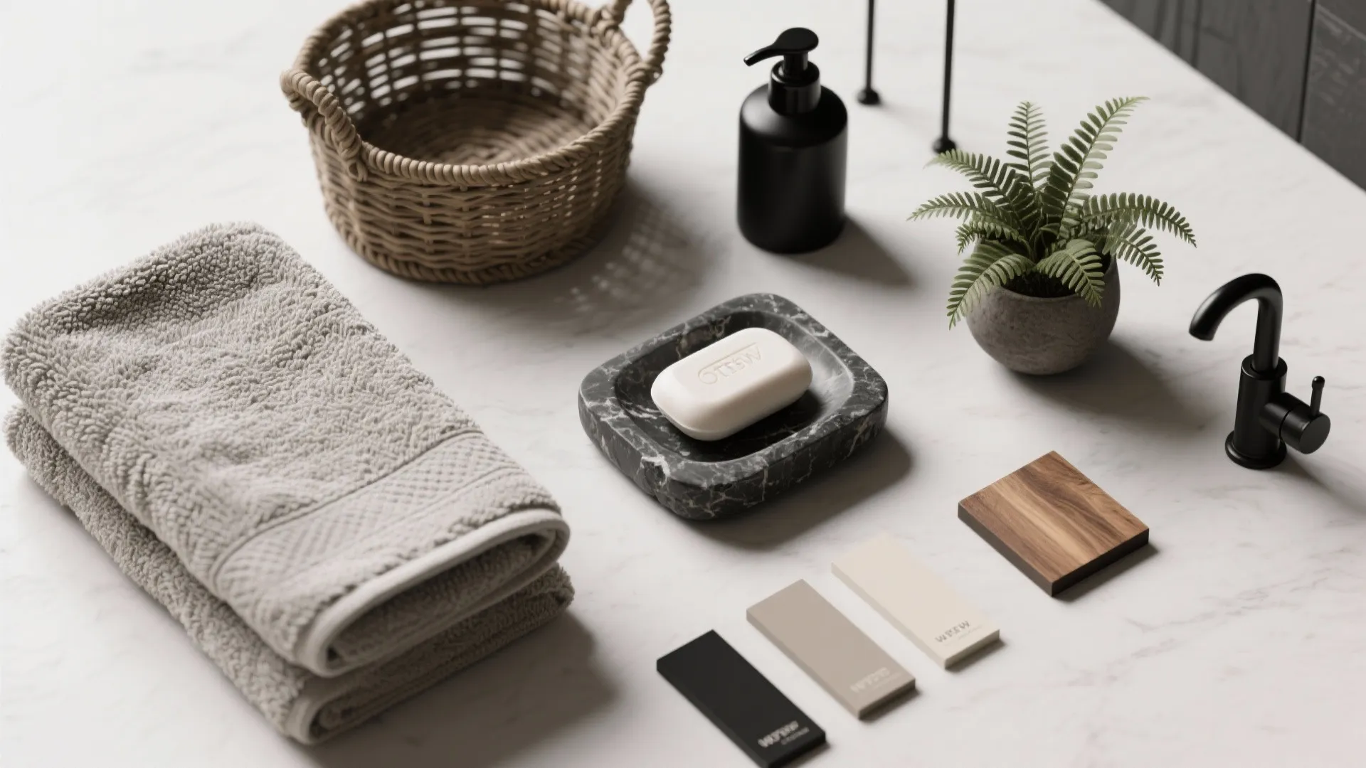 Flatlay of textured towels, woven basket, stone soap dish and matte black accessory samples