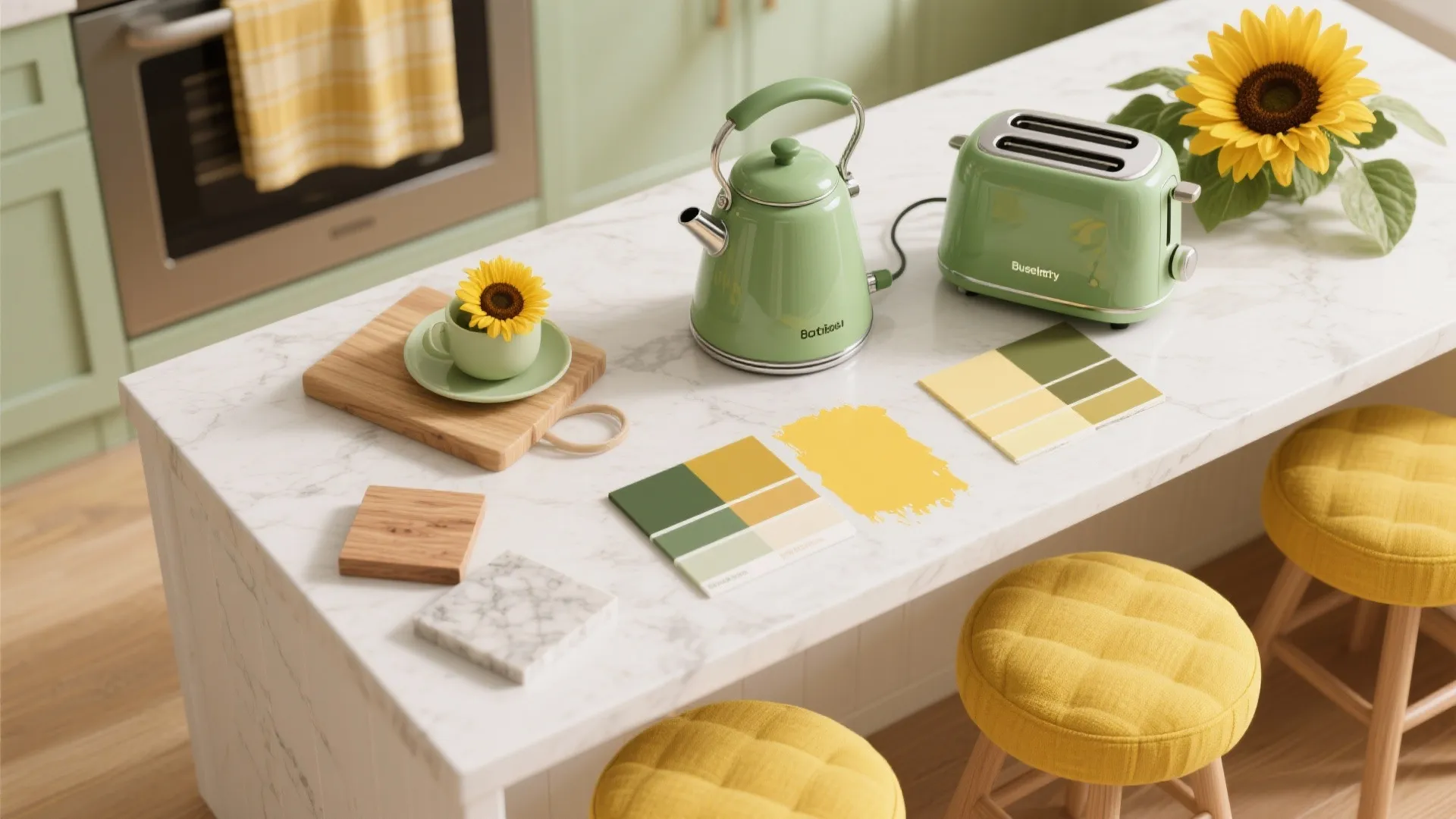 White marble kitchen island with green kettle toaster yellow stools color swatches and wood boards