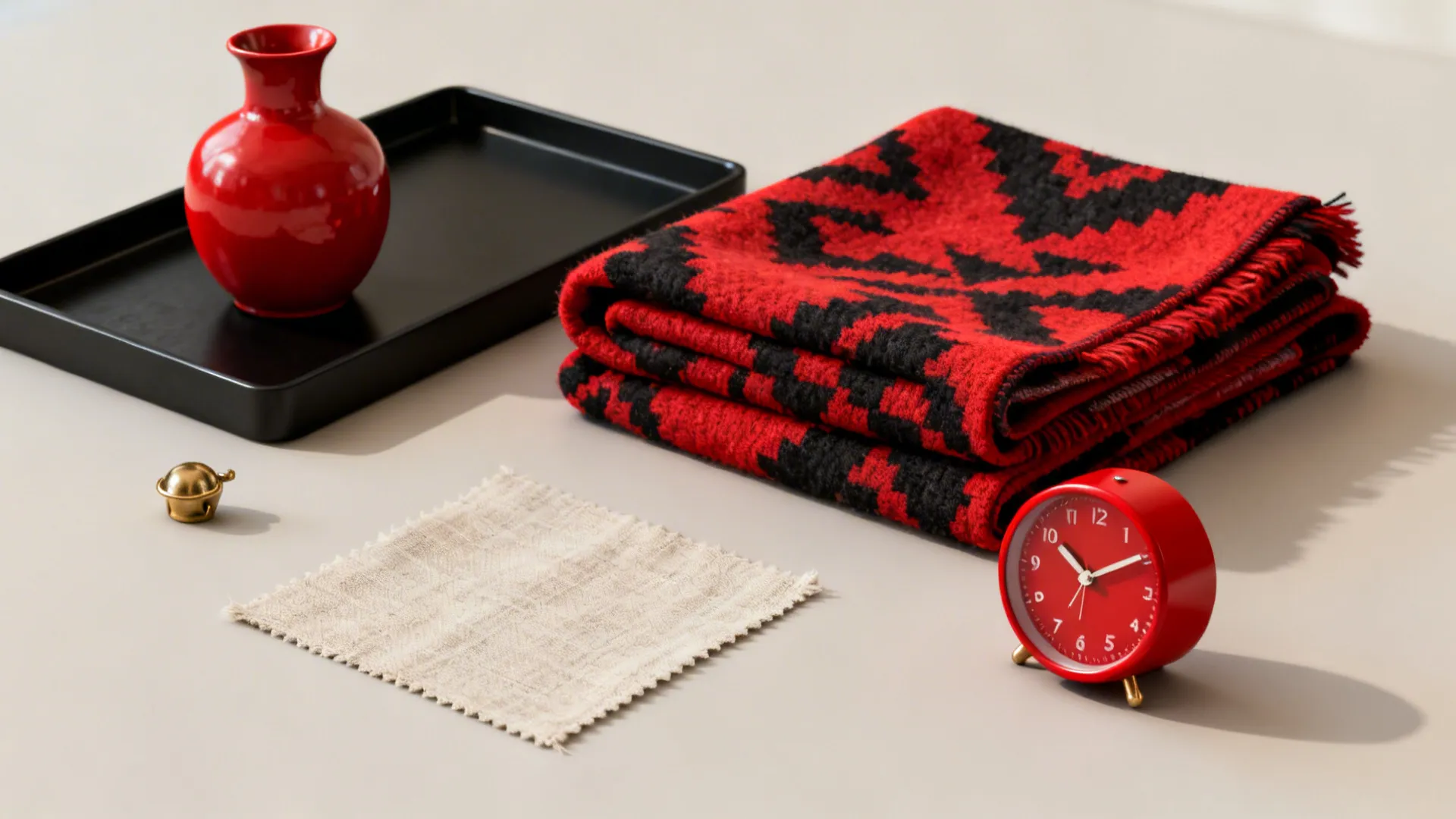 Flatlay of red and black decor items including vase, tray, throw, and clock