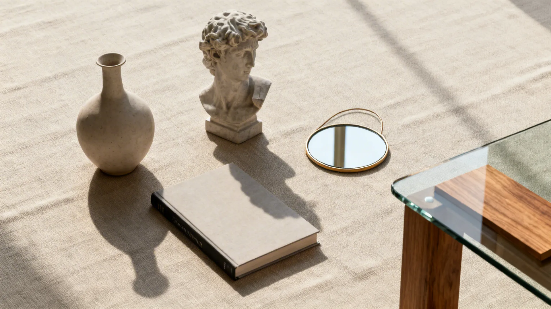 Flatlay of three curated accessories, a small mirror, and material swatches