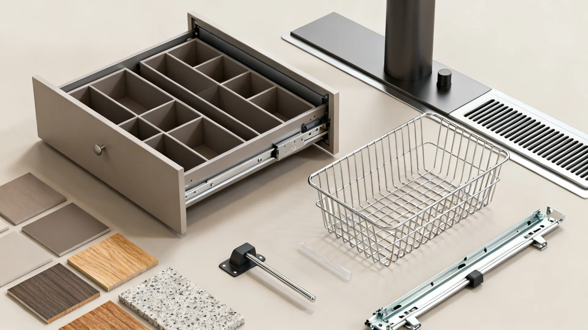 Interior design drawing items with wood samples stone tiles drawer organizer wire basket and hardware