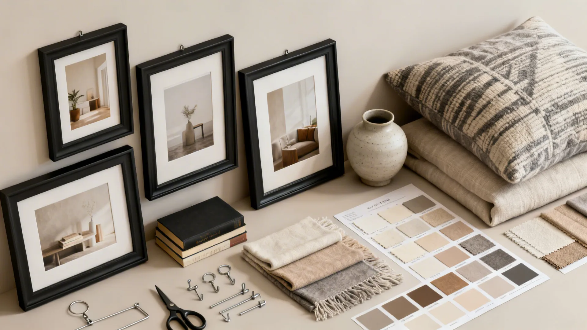 Flatlay of curated frames, textiles, and accessories for a cohesive living room gallery