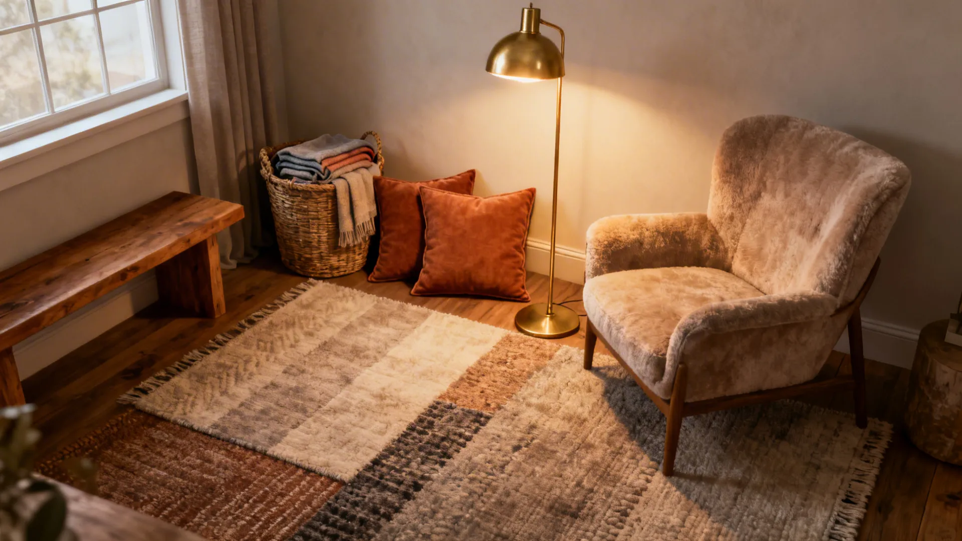 Small living room vignette with brass floor lamp, coordinating cushions and layered accessories unifying mixed seating.