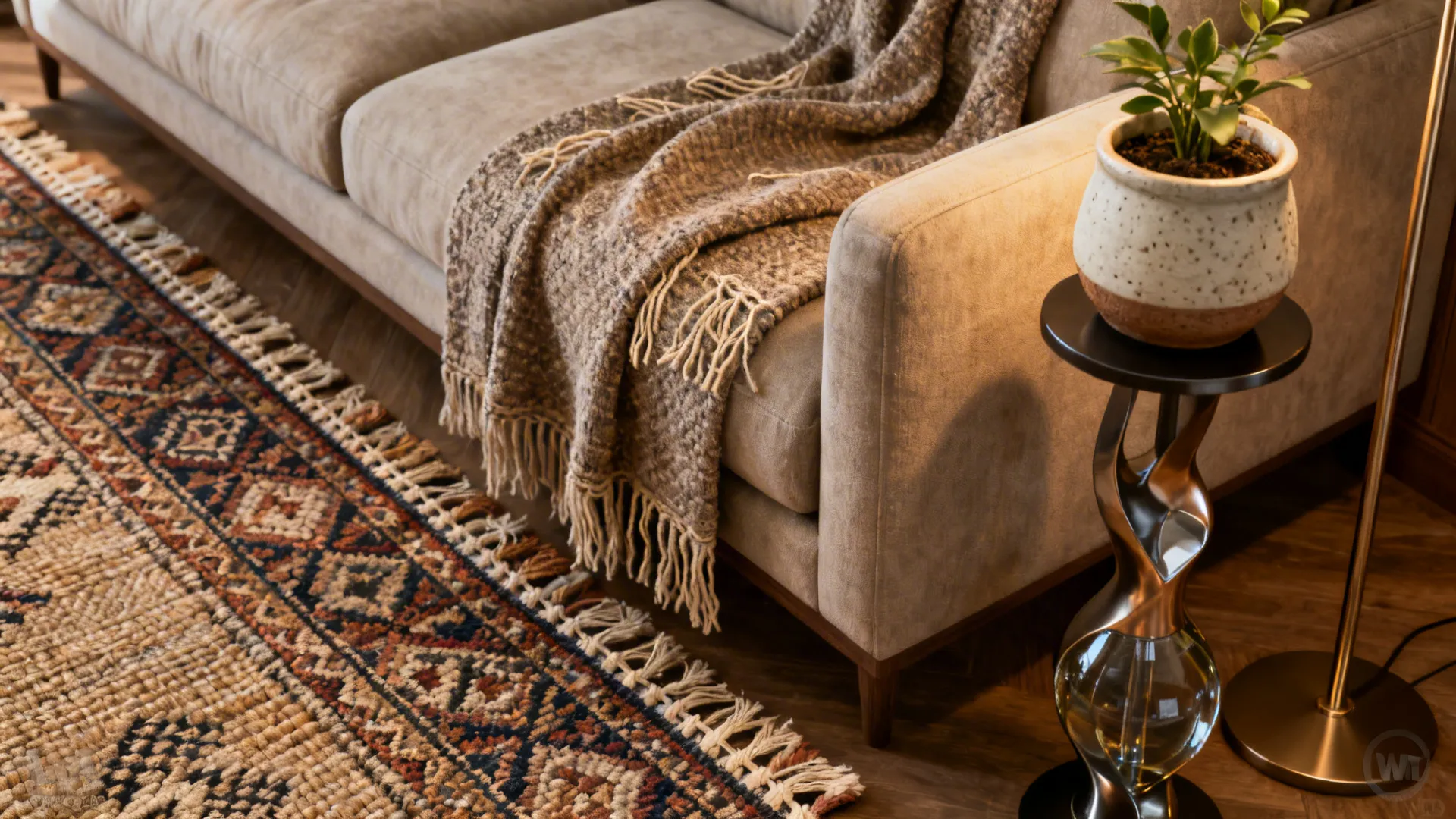 Layered rugs, textured throws and a tall plant stand illustrating scale in a small living room.