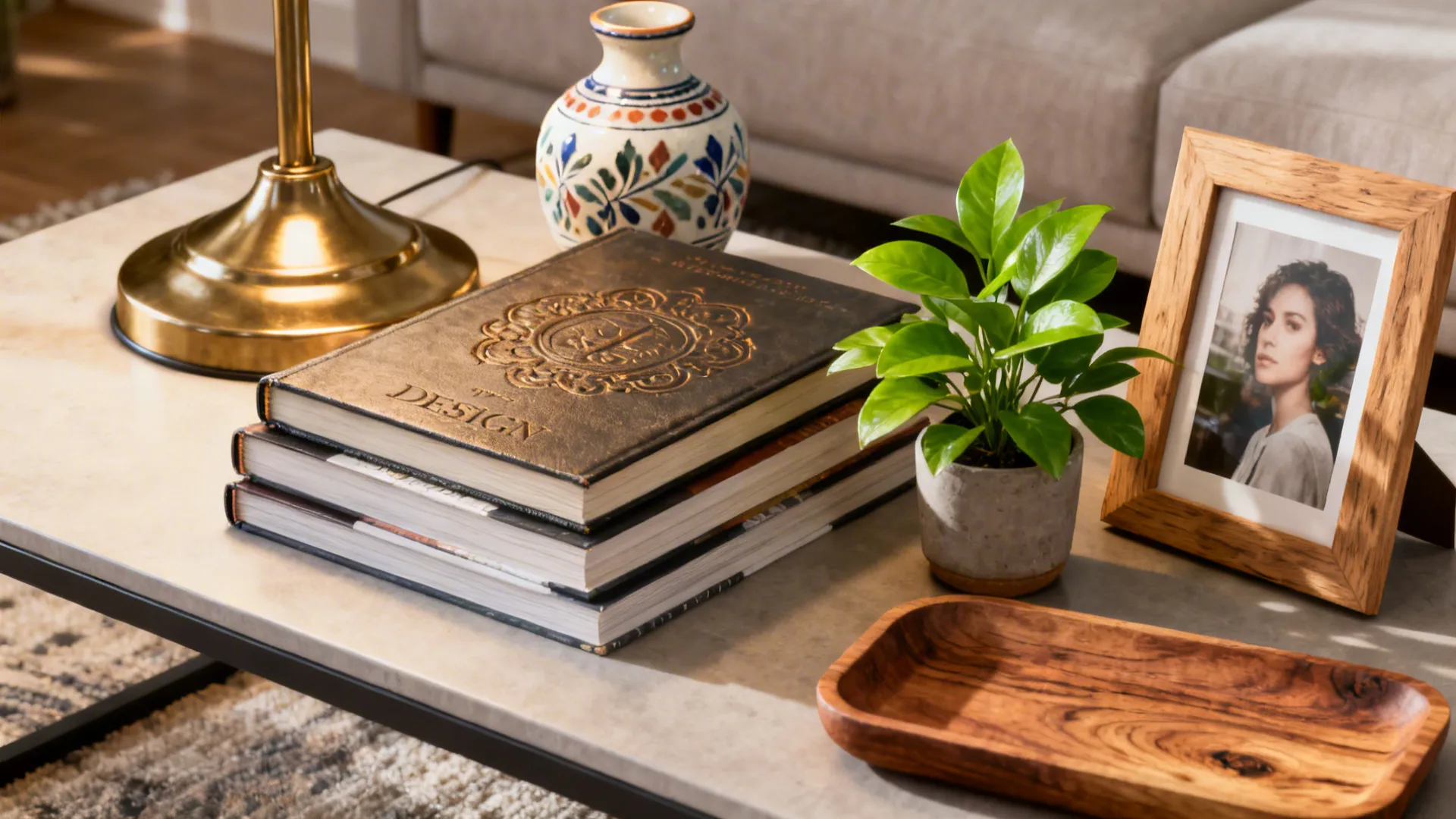 Curated accessories—lamp, books, vase, plant—styled on a coffee table to personalize a room.