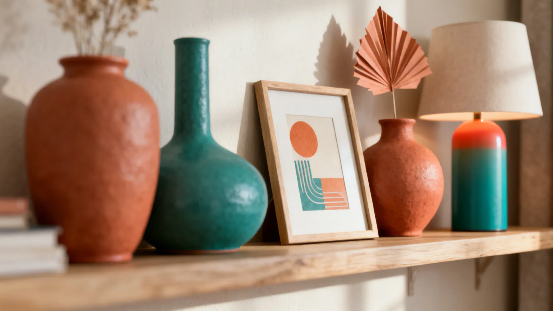 Close-up of curated ceramics, framed art, and a lamp sharing a terracotta accent on a wooden shelf.