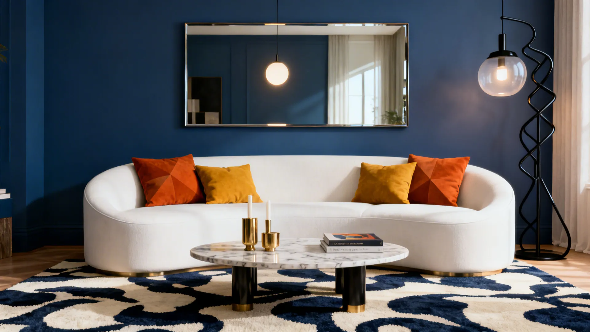 White curved sofa with deep blue accent wall, colorful cushions and an oversized mirror