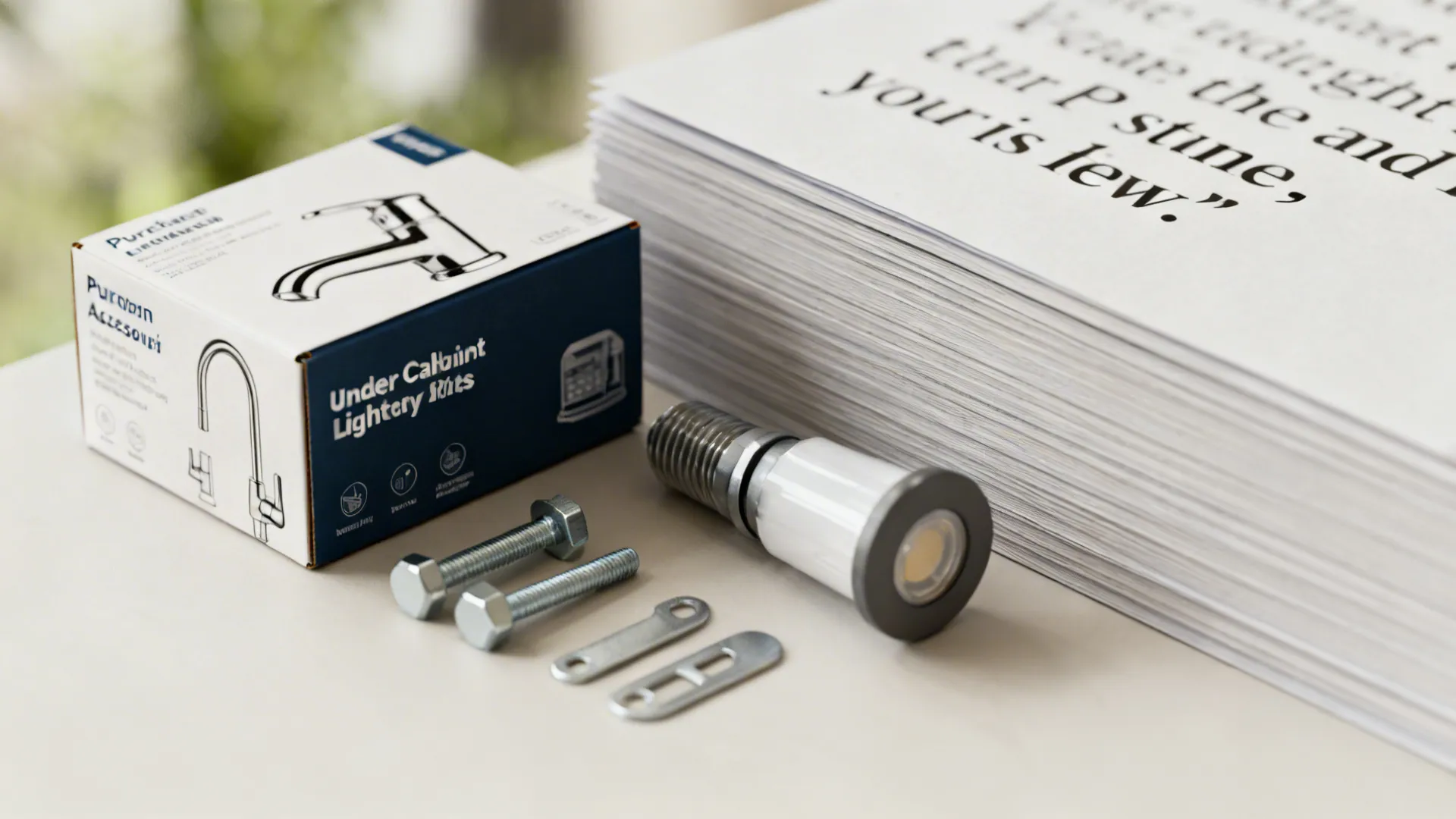 Macro of accessory add-ons like a faucet, hardware set, and lighting kit next to a neat quote stack.