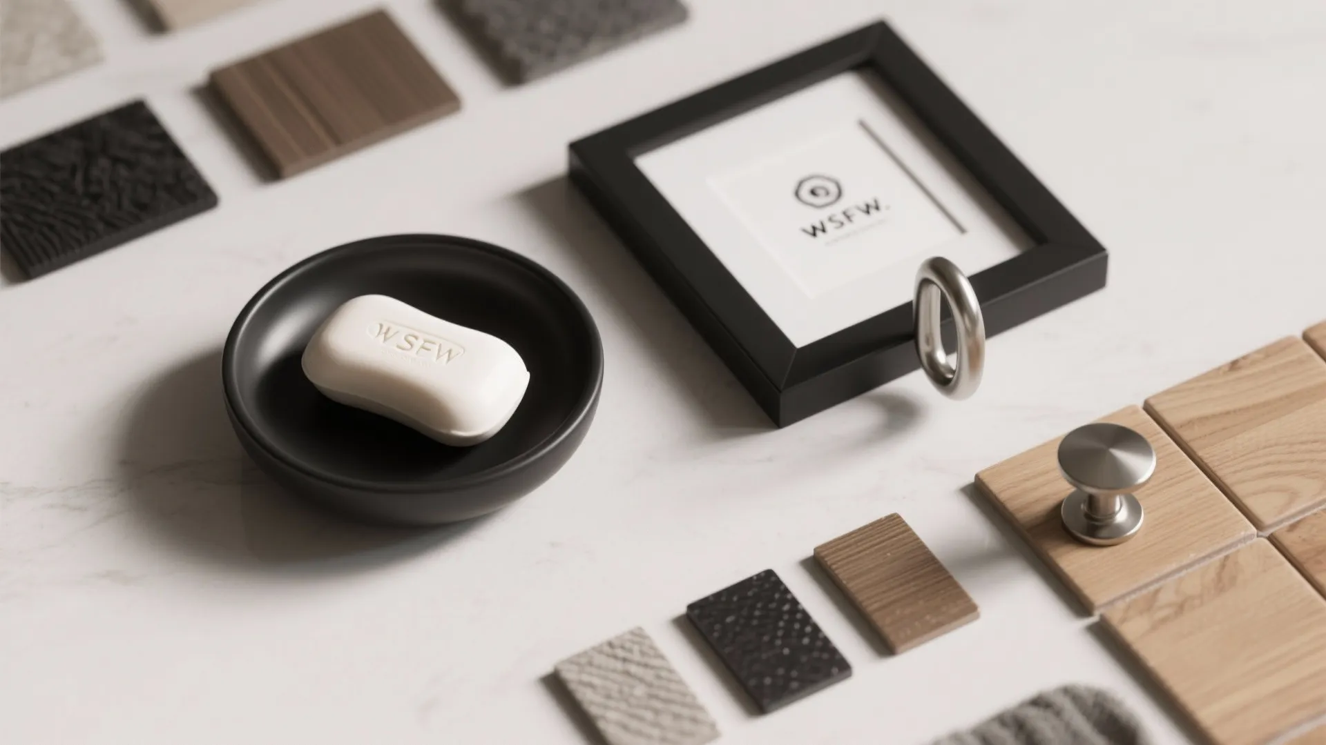 Flat lay showing white soap in black dish with material swatches and a metal knob