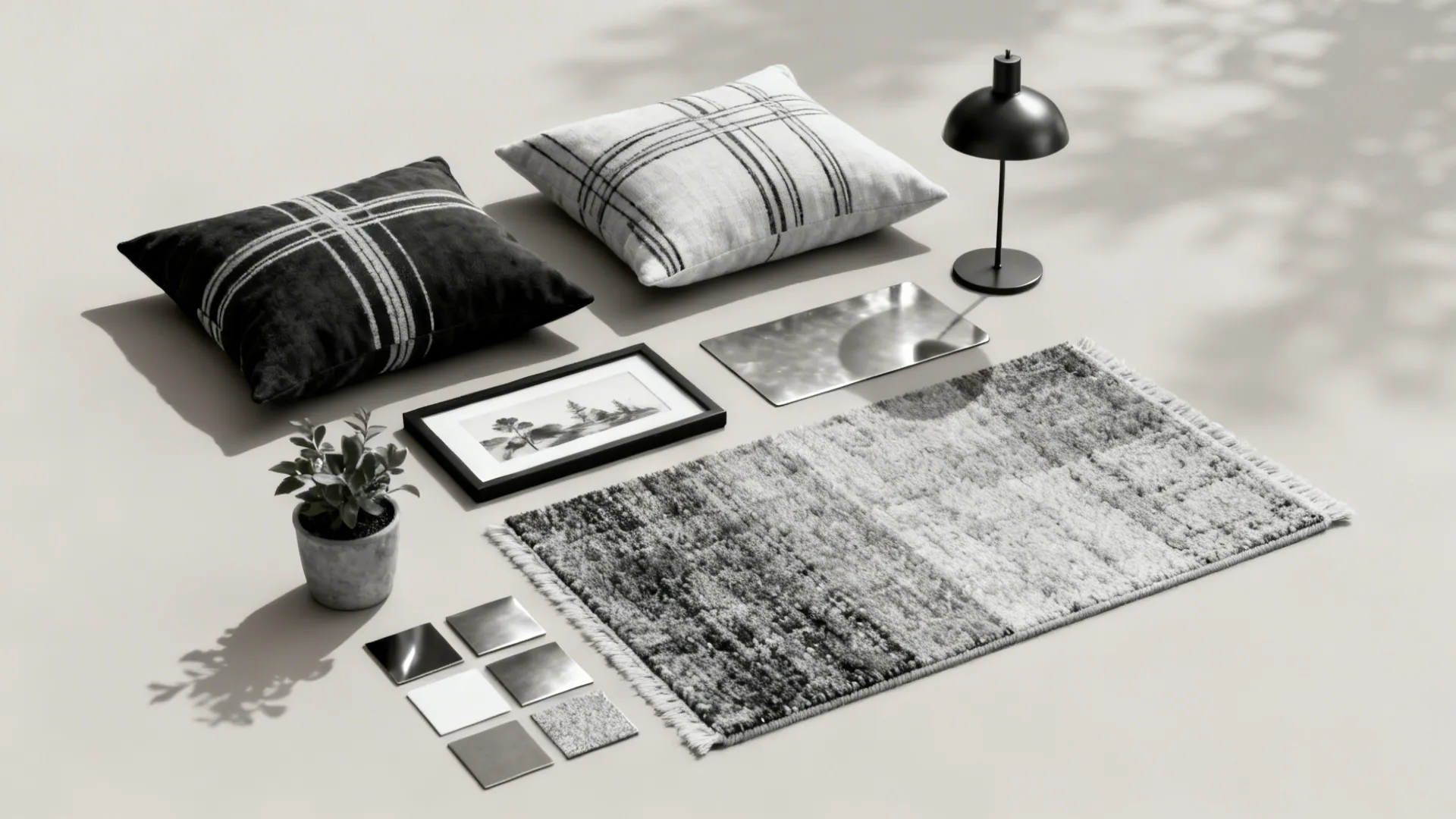 Flatlay of monochrome accessory samples including pillow covers, prints, lamp model, and rug swatch