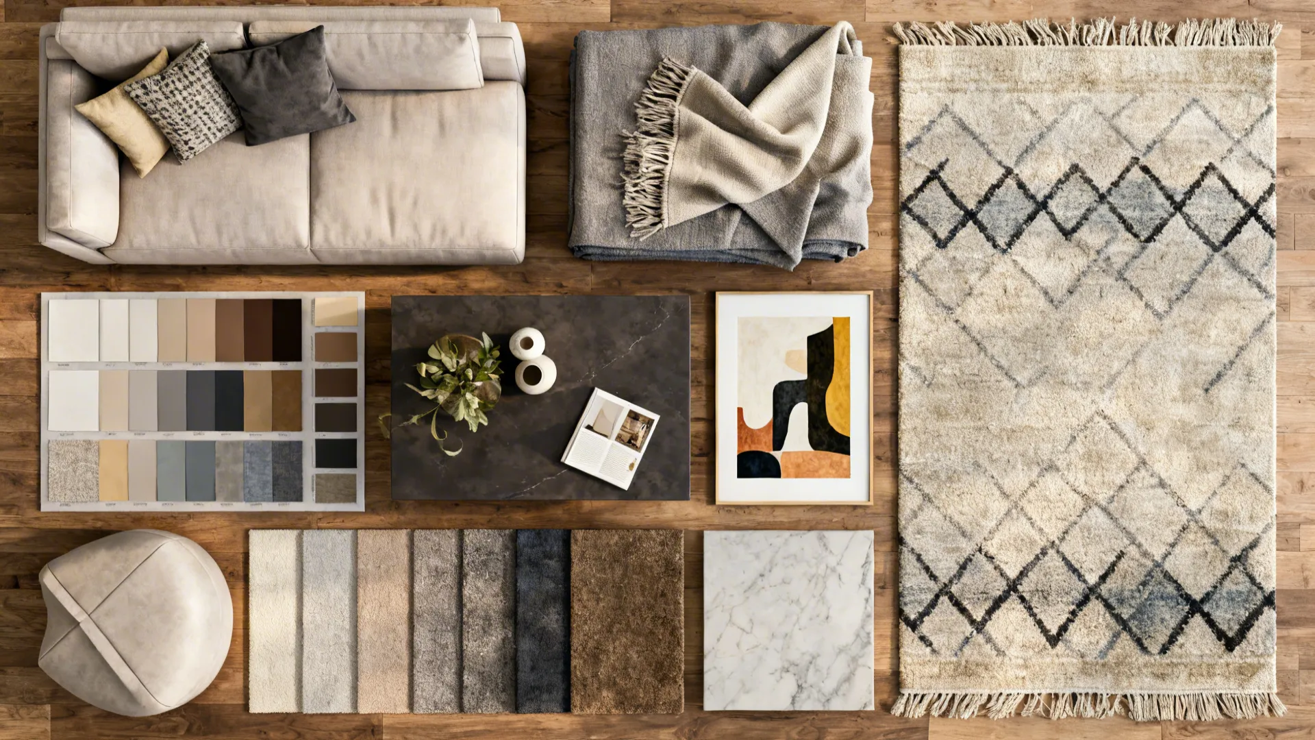 Flatlay of living room accessories: fabric swatches, rug samples, throws and art mockup for smart investment and bold accents.