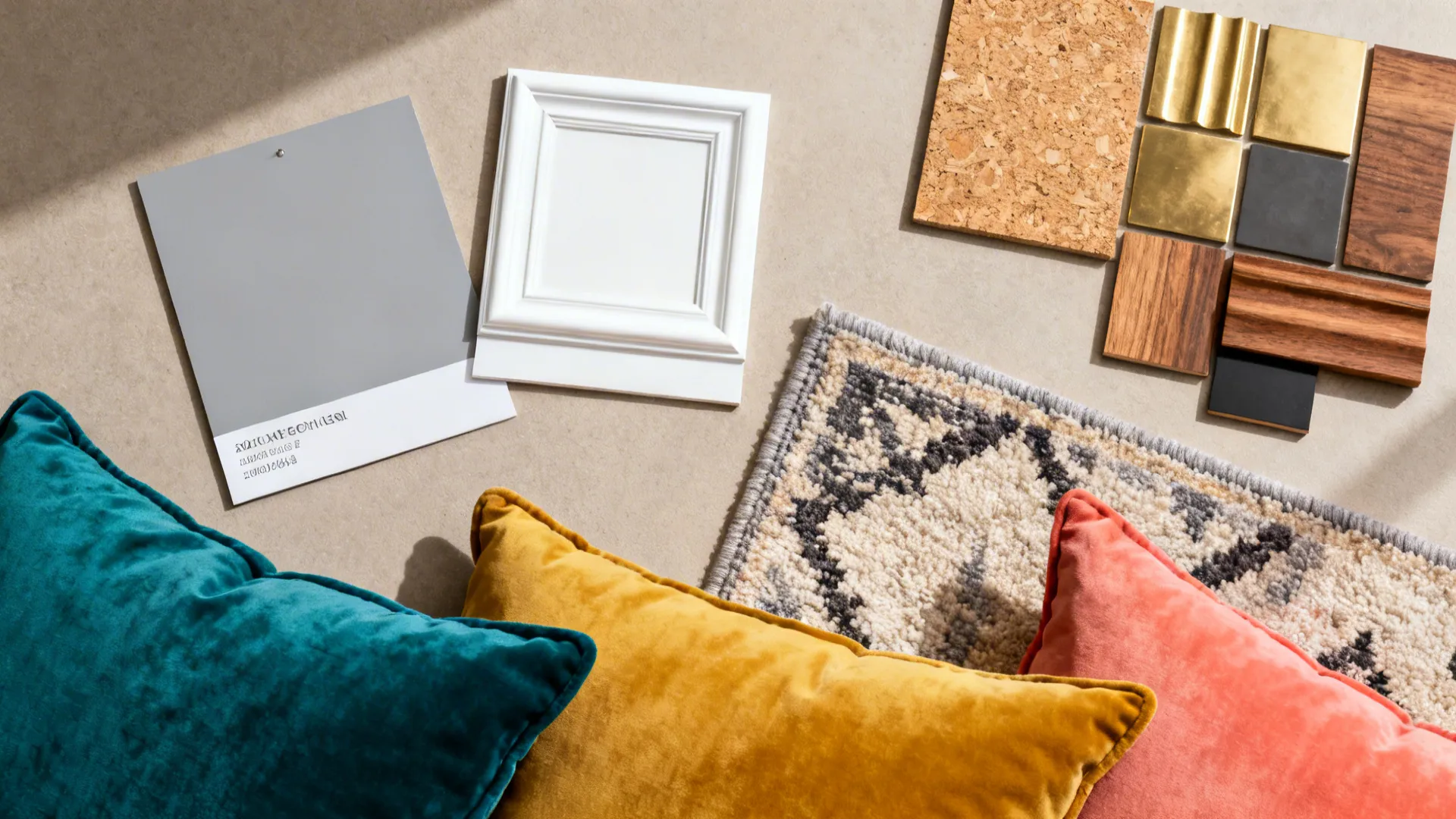 Flatlay of gray and white swatches with colorful cushions and material samples.