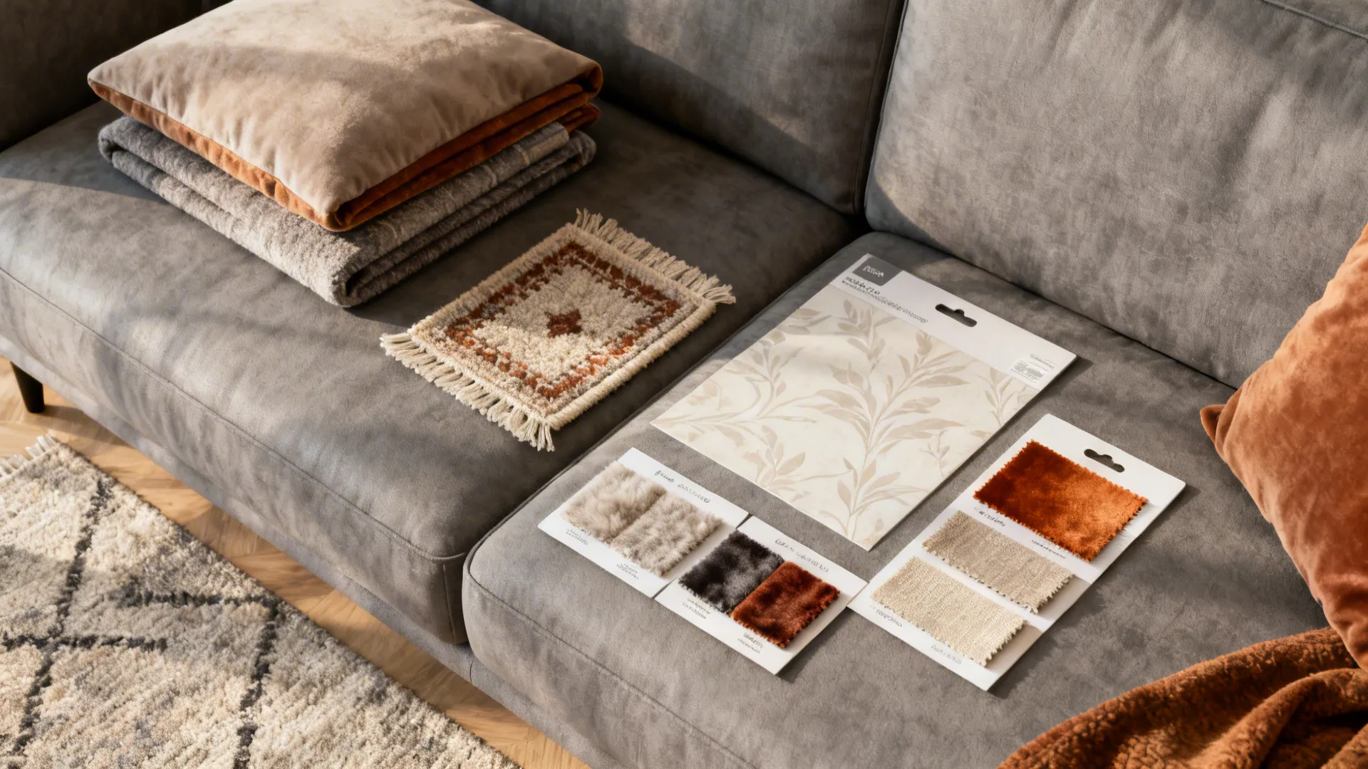 Flatlay of cushion covers, rug swatch and fabric samples for styling a grey couch