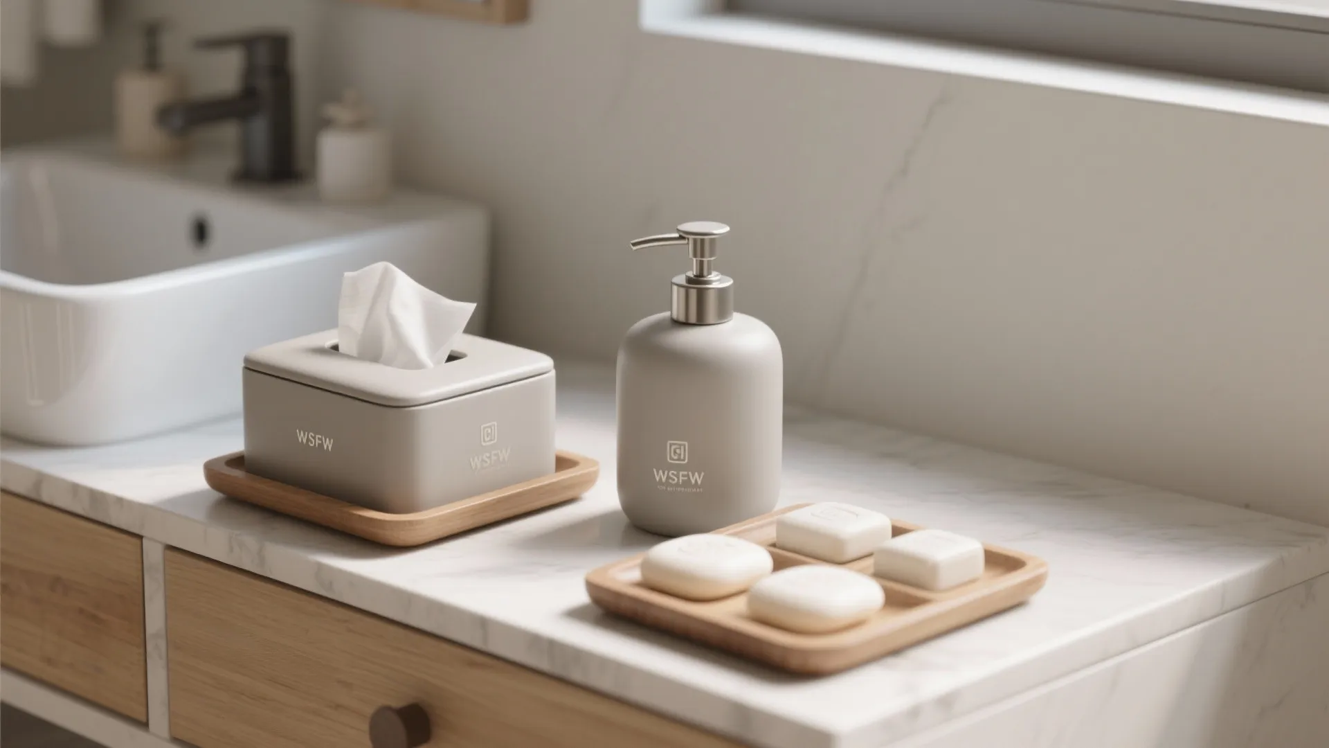 Bathroom counter with soap dispenser tissue box and small bar soaps on wooden trays display