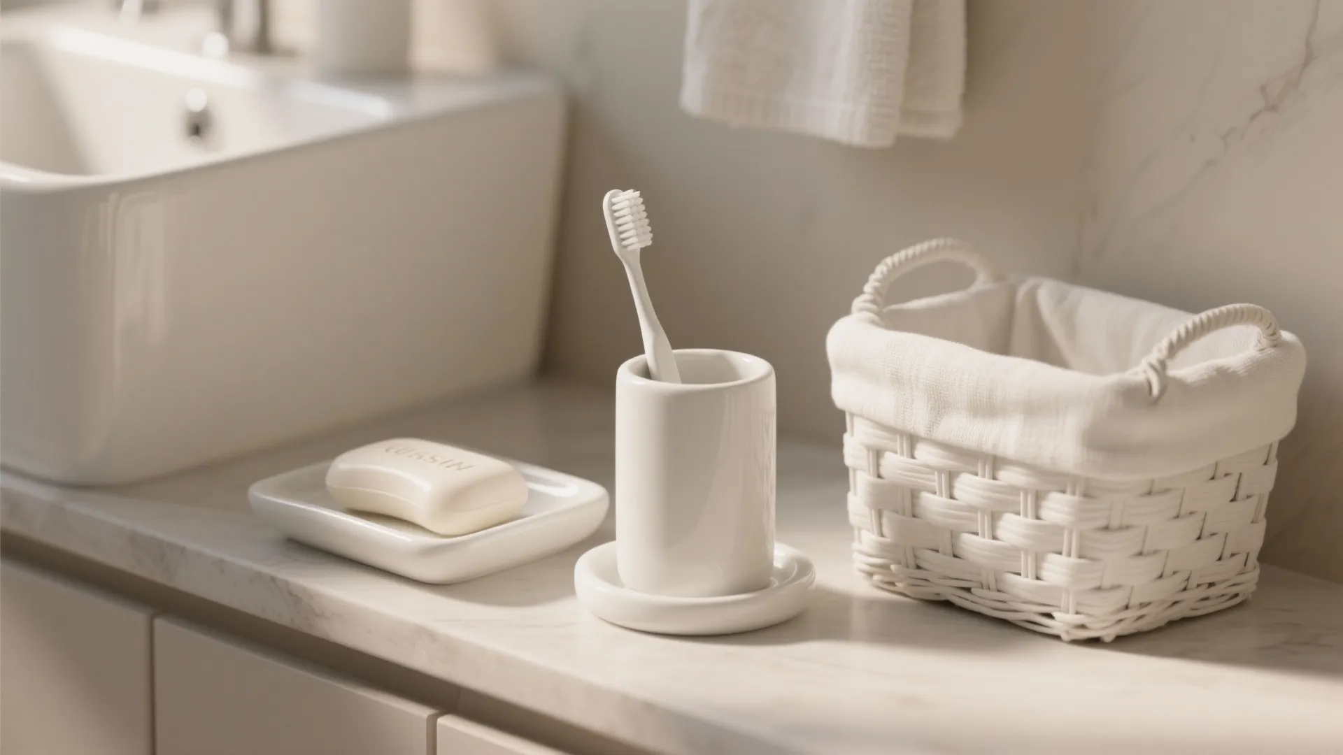 Still life of white bathroom accessories emphasizing washable materials and neat styling.