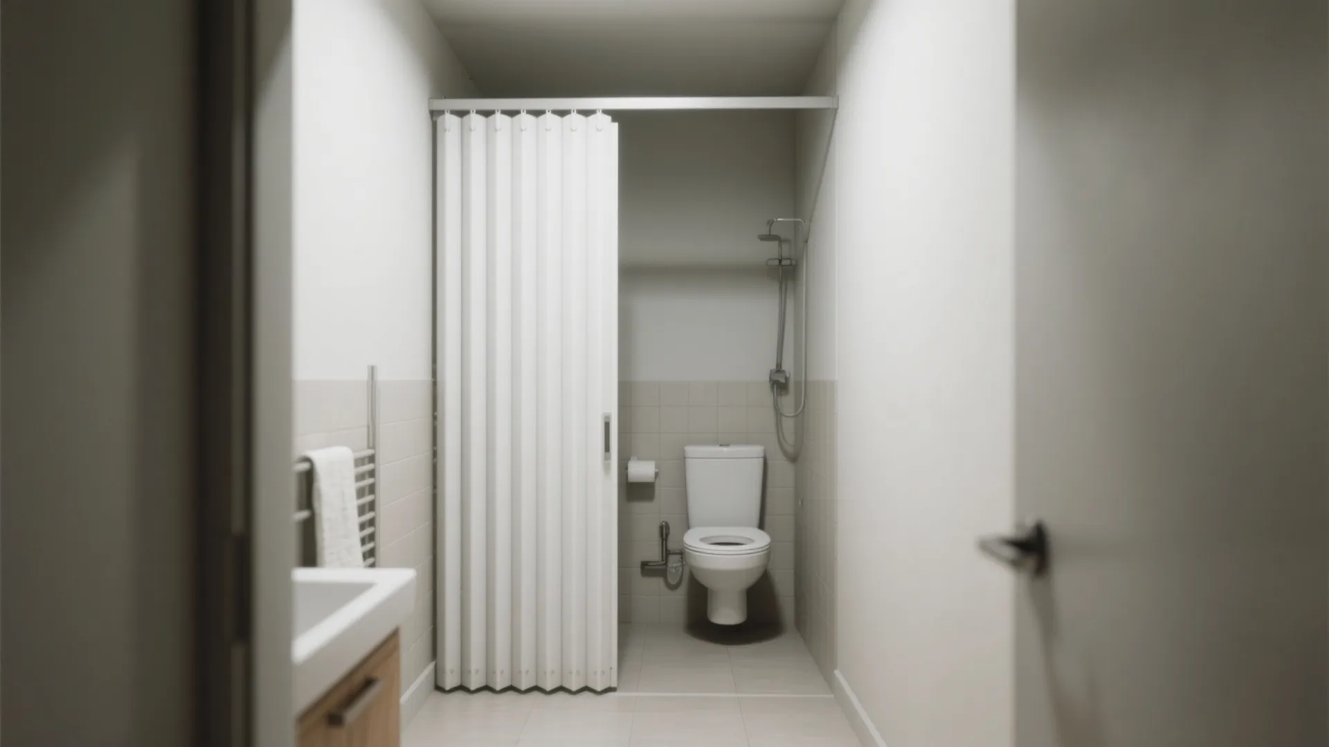 Small bathroom featuring white folding door separating toilet and shower area with sink in foreground