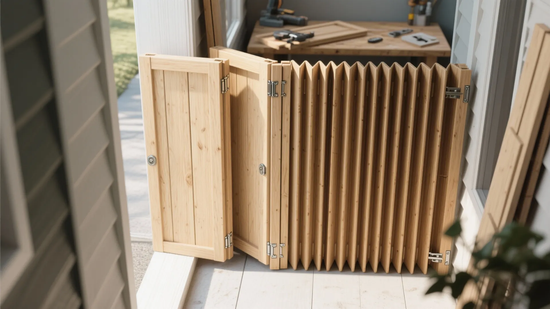 Folding wooden gate design with metal hinges on outdoor deck for safety and home security