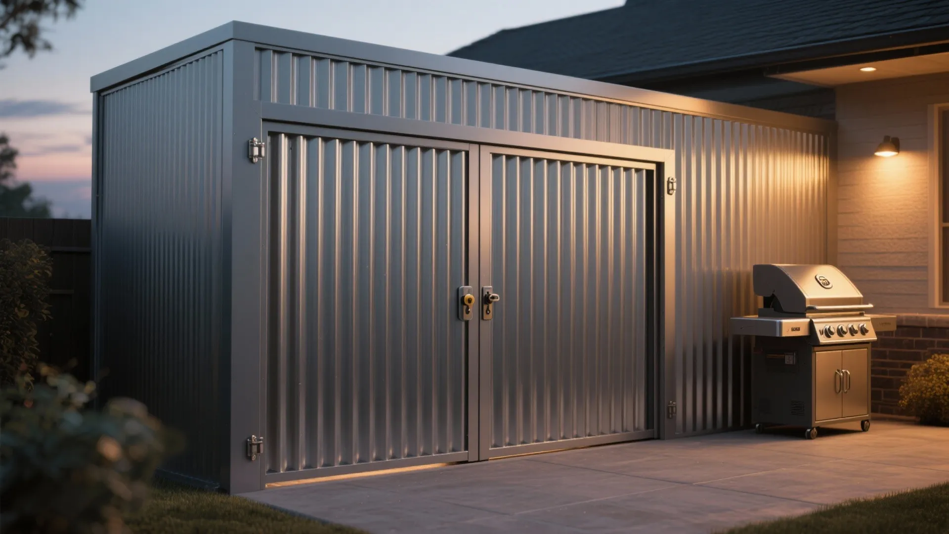 Powder-coated aluminum accordion door securing an outdoor grill area with warm exterior lighting.
