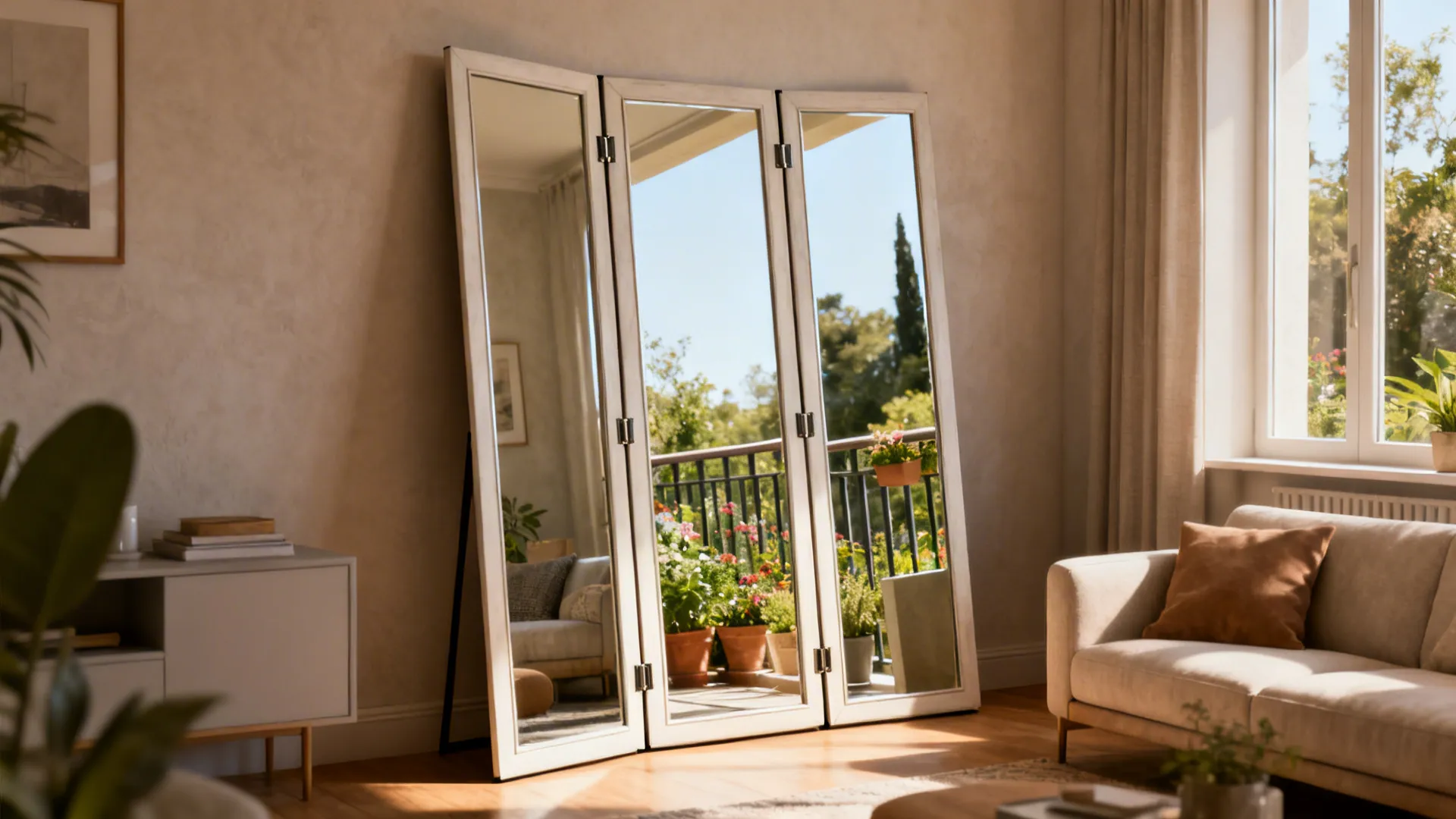 Three-panel folding mirror angled to reflect a balcony garden and create privacy