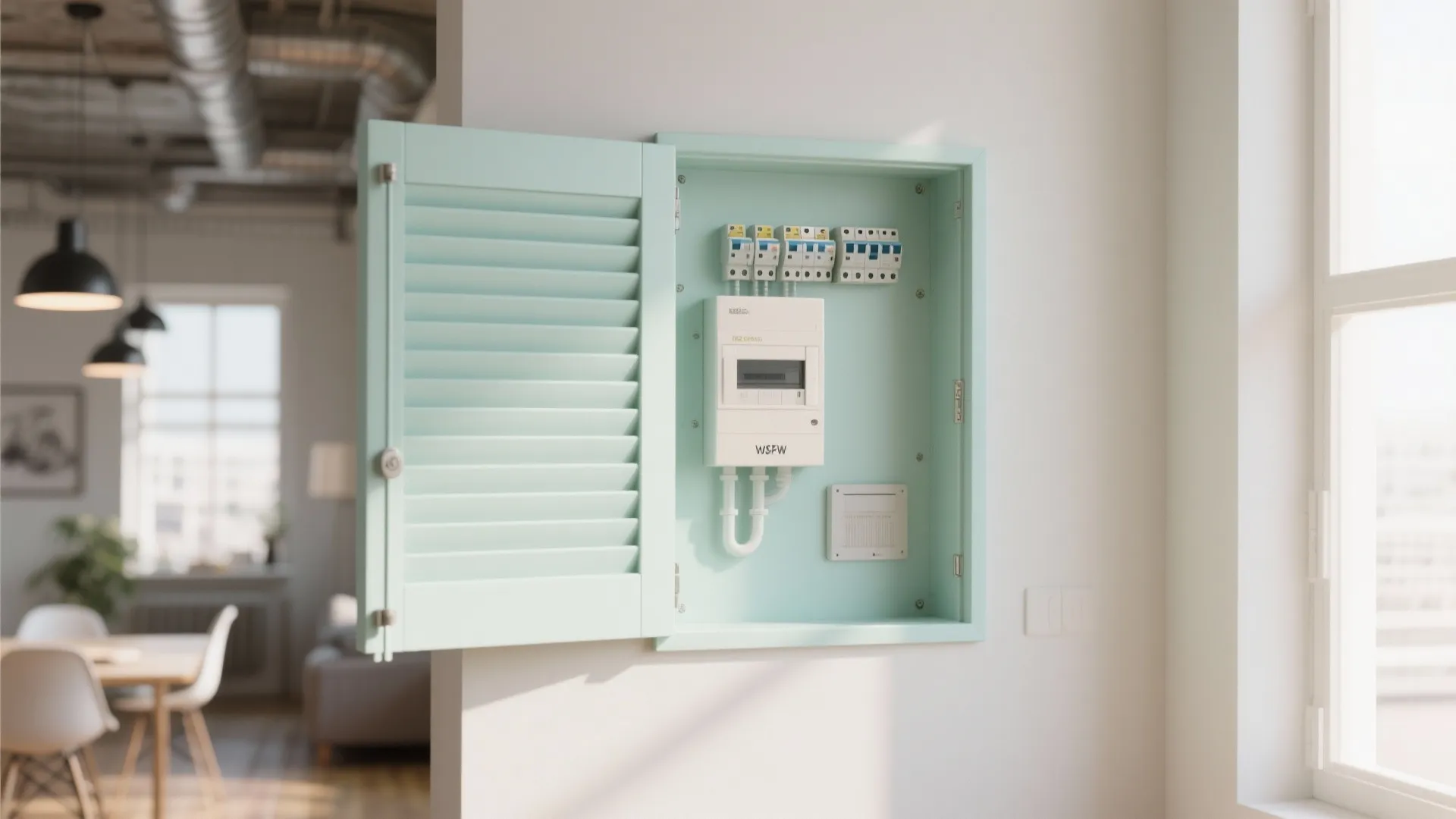 Accordion shutters painted in pastel color hiding a fuse box