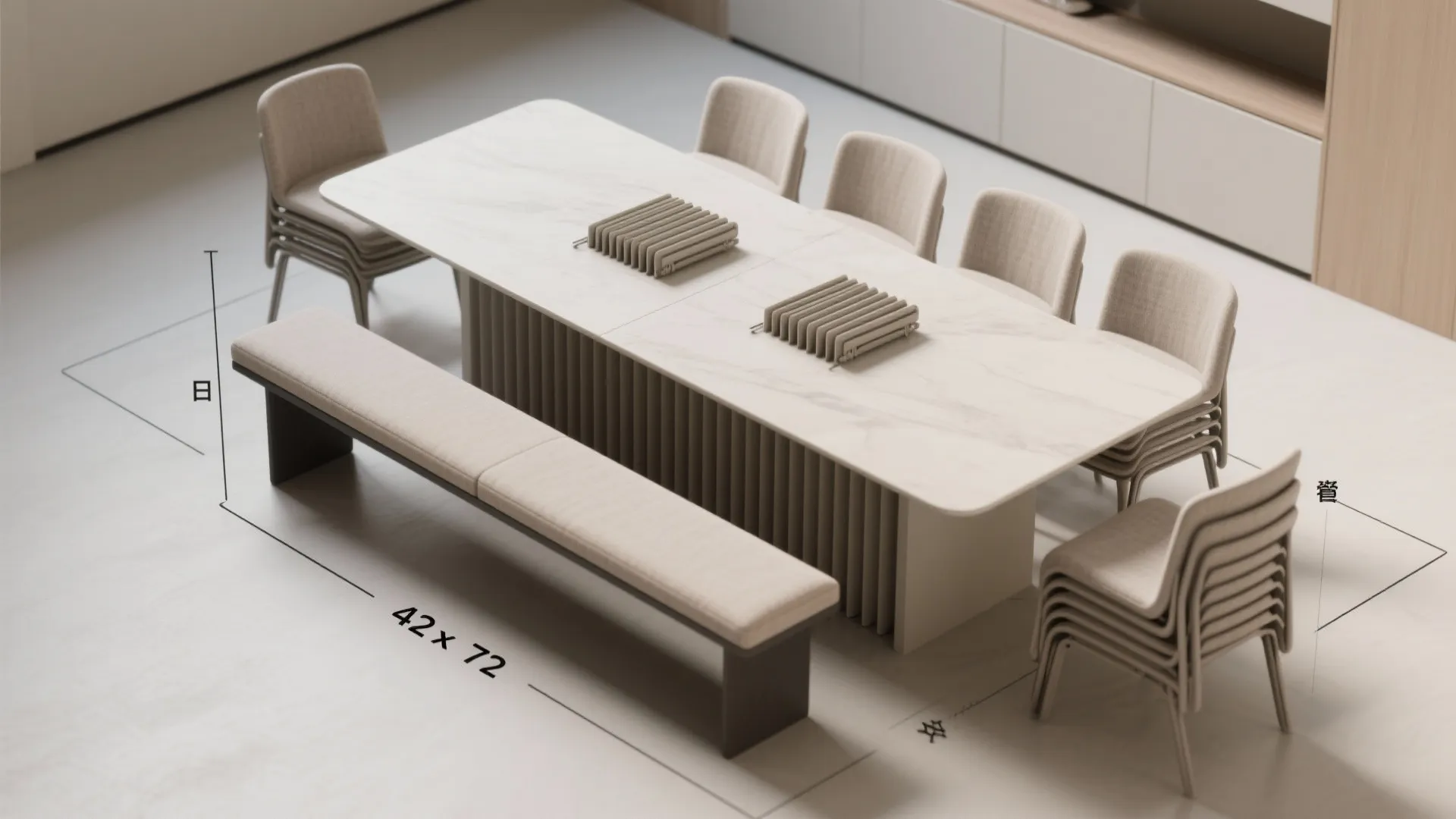 Interior design drawing of a white dining table with chairs bench and furniture size measurements