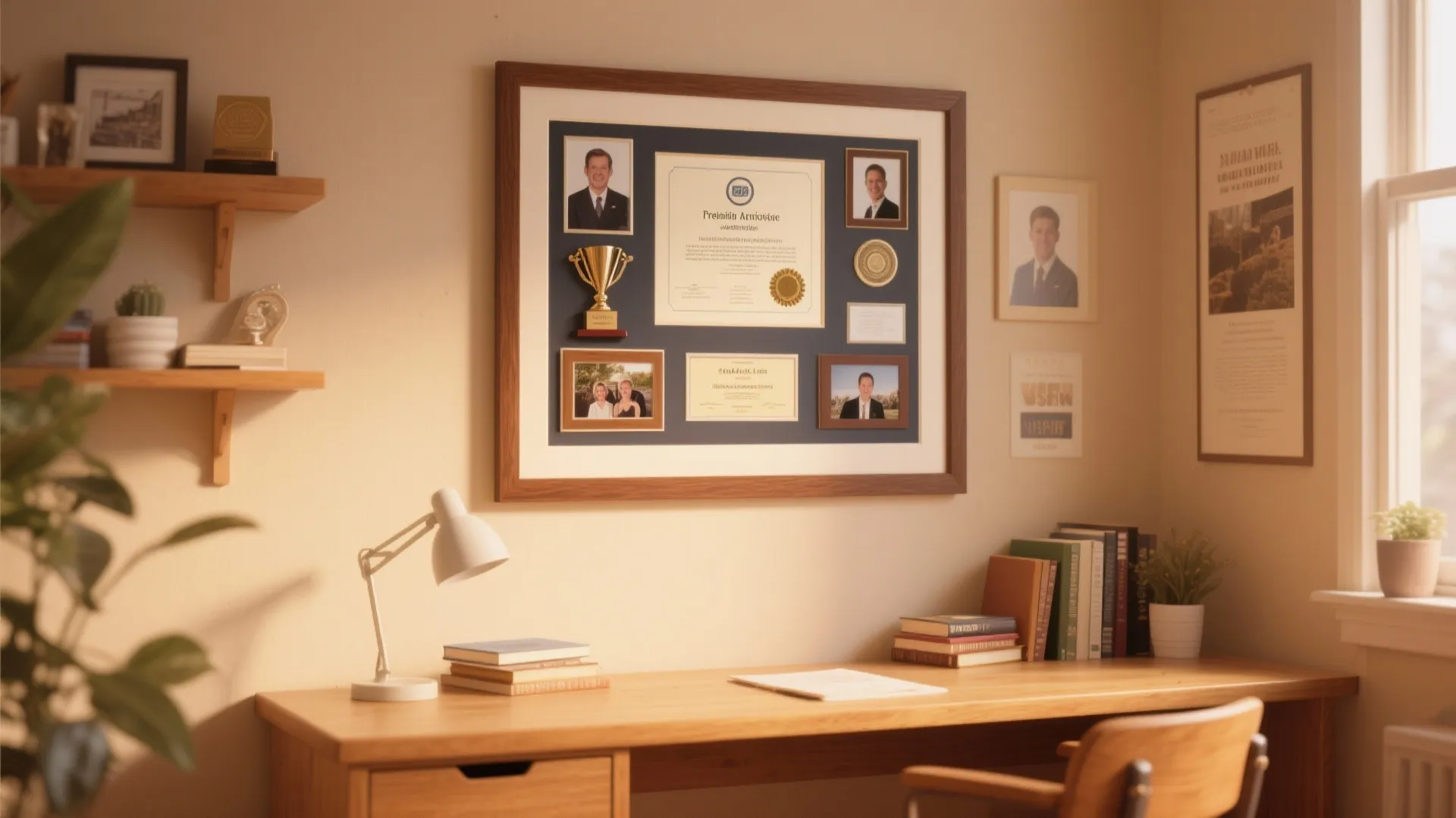 Wooden work desk with table lamp and large framed achievement award collage on the wall