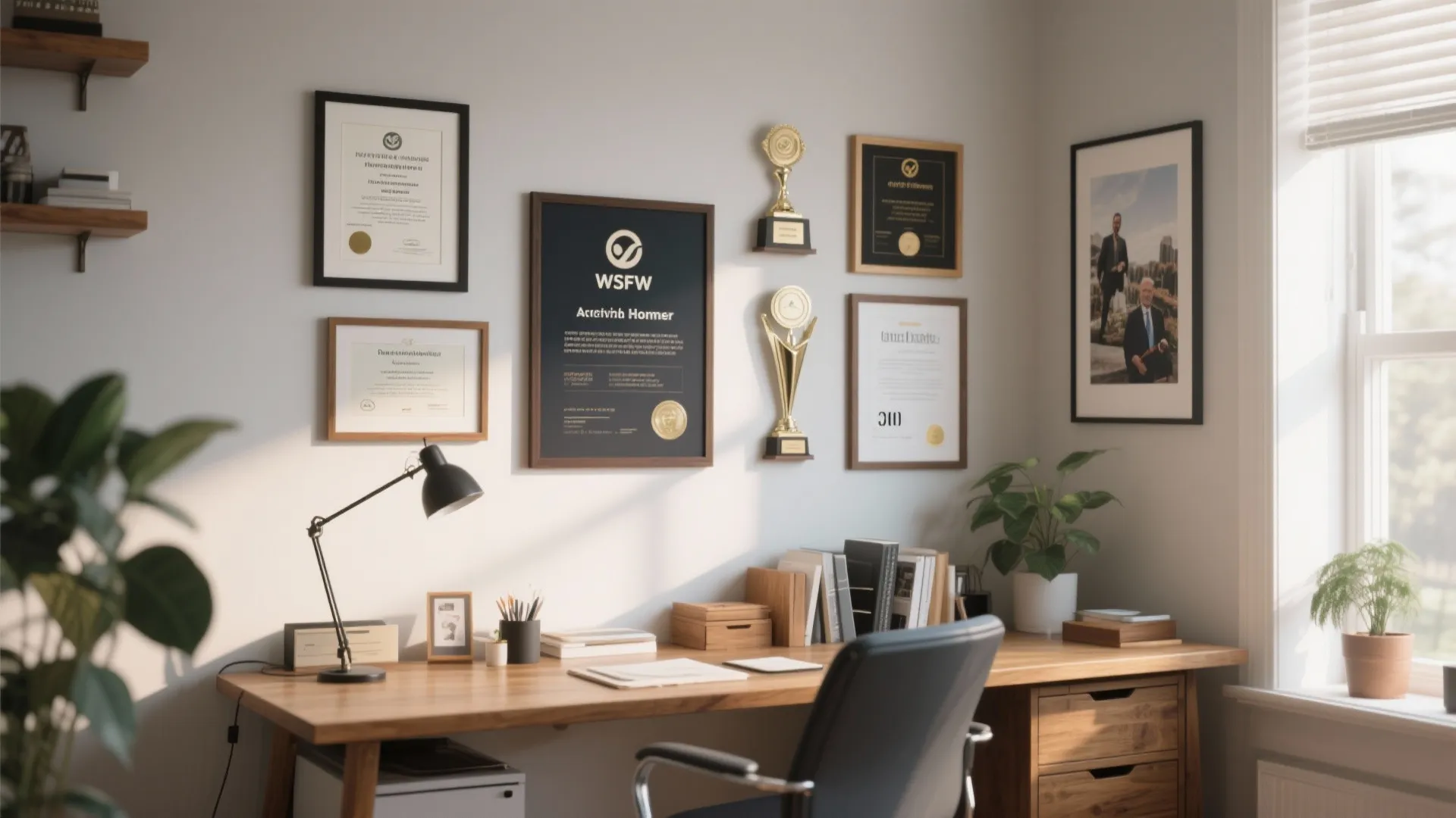 Office workspace with wooden desk, chair, and wall decorated with several framed certificates and awards