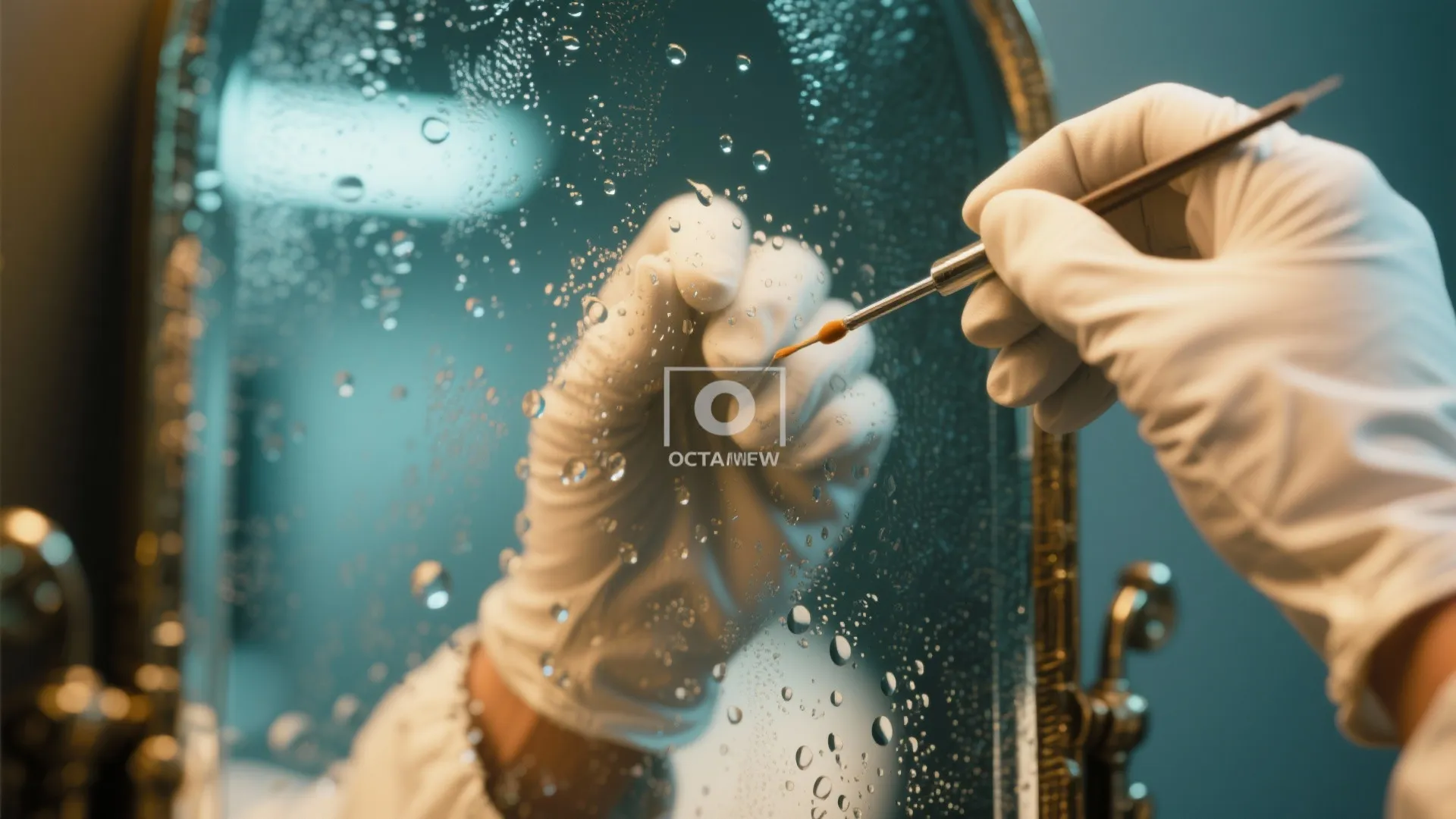 Person wearing white gloves uses small brush to apply liquid onto a spotted glass mirror