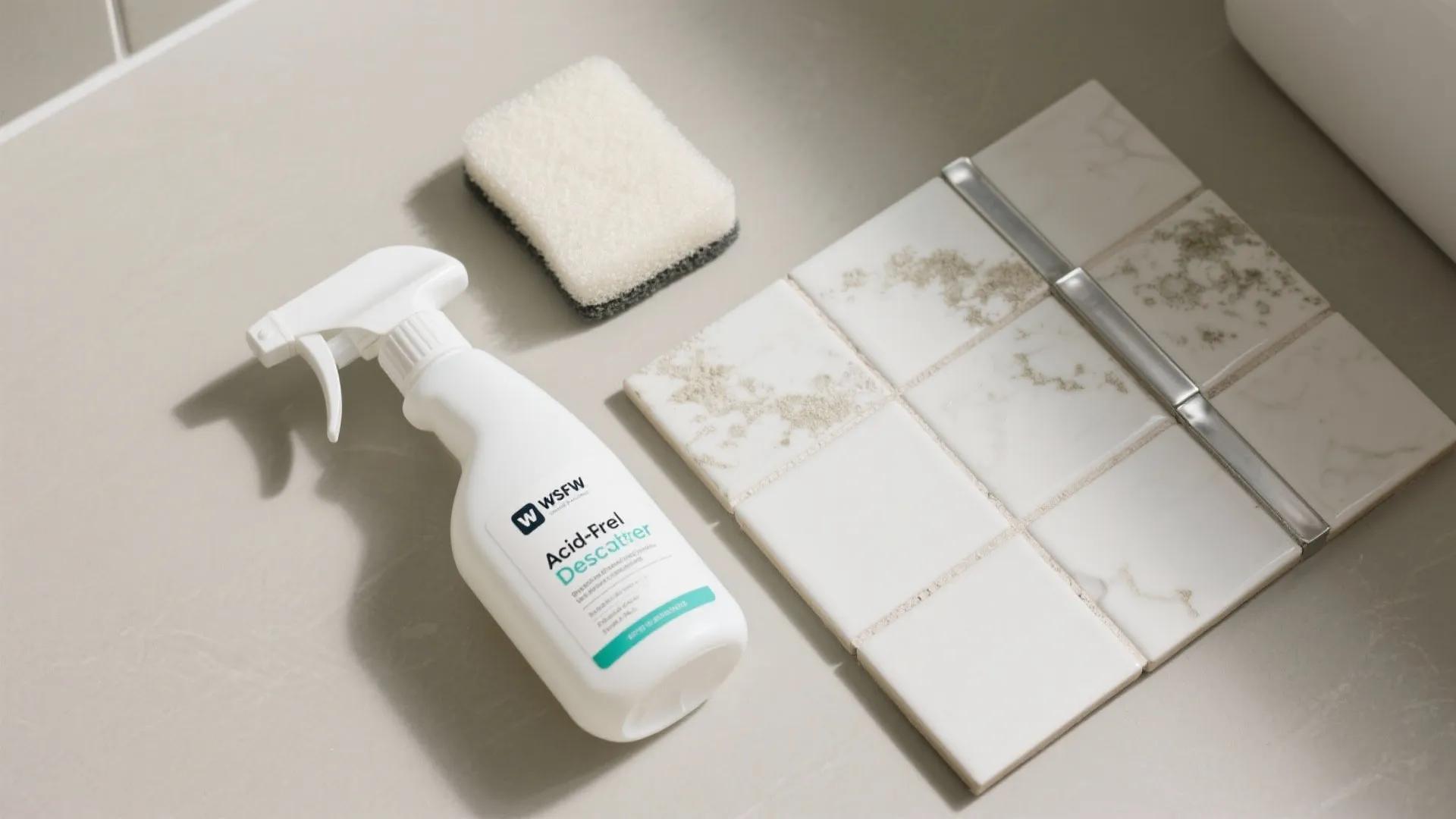 Flatlay of acid-free descaler setup with white pad, sponge, and porcelain tile samples showing reduced scale.