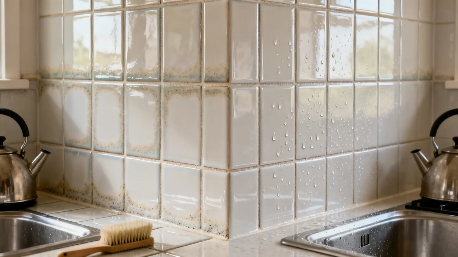 Before–after of glazed tile near a sink showing limescale removal with mild acid.