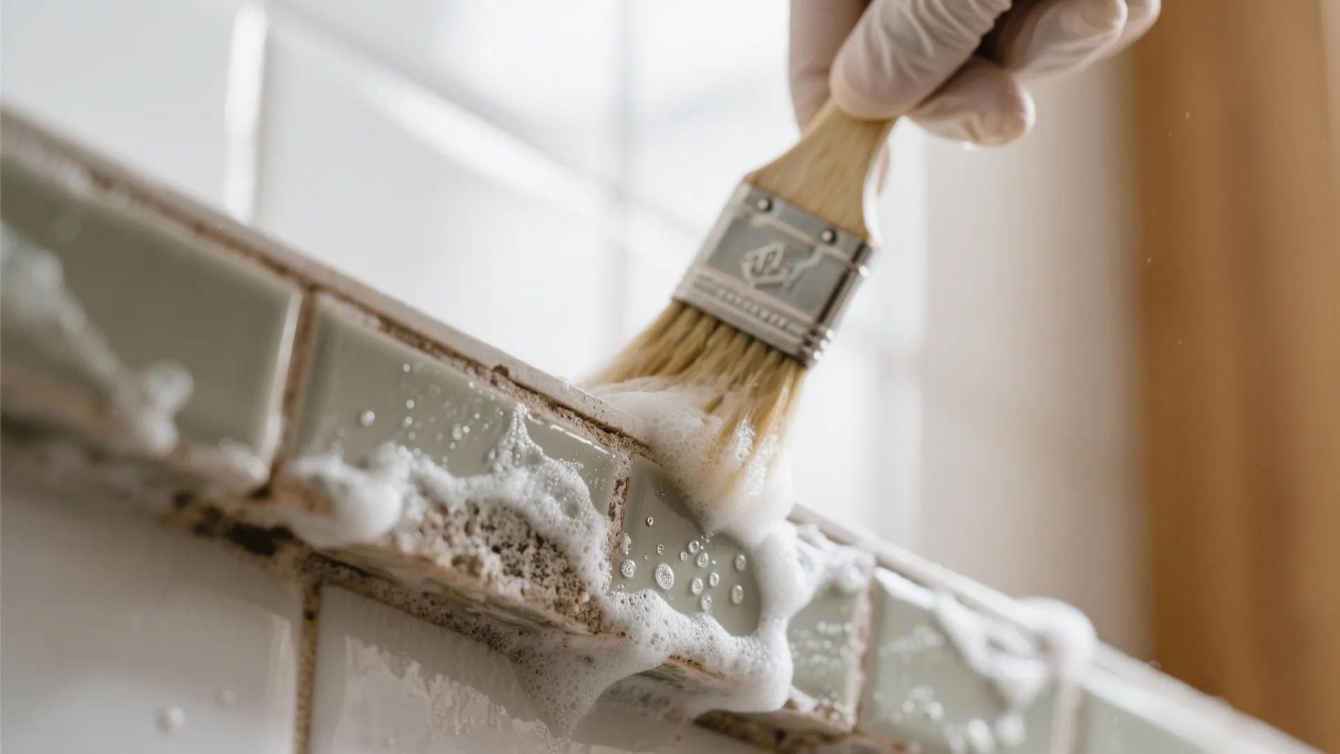 Person wearing a white glove using a small brush with soap foam to clean tiles