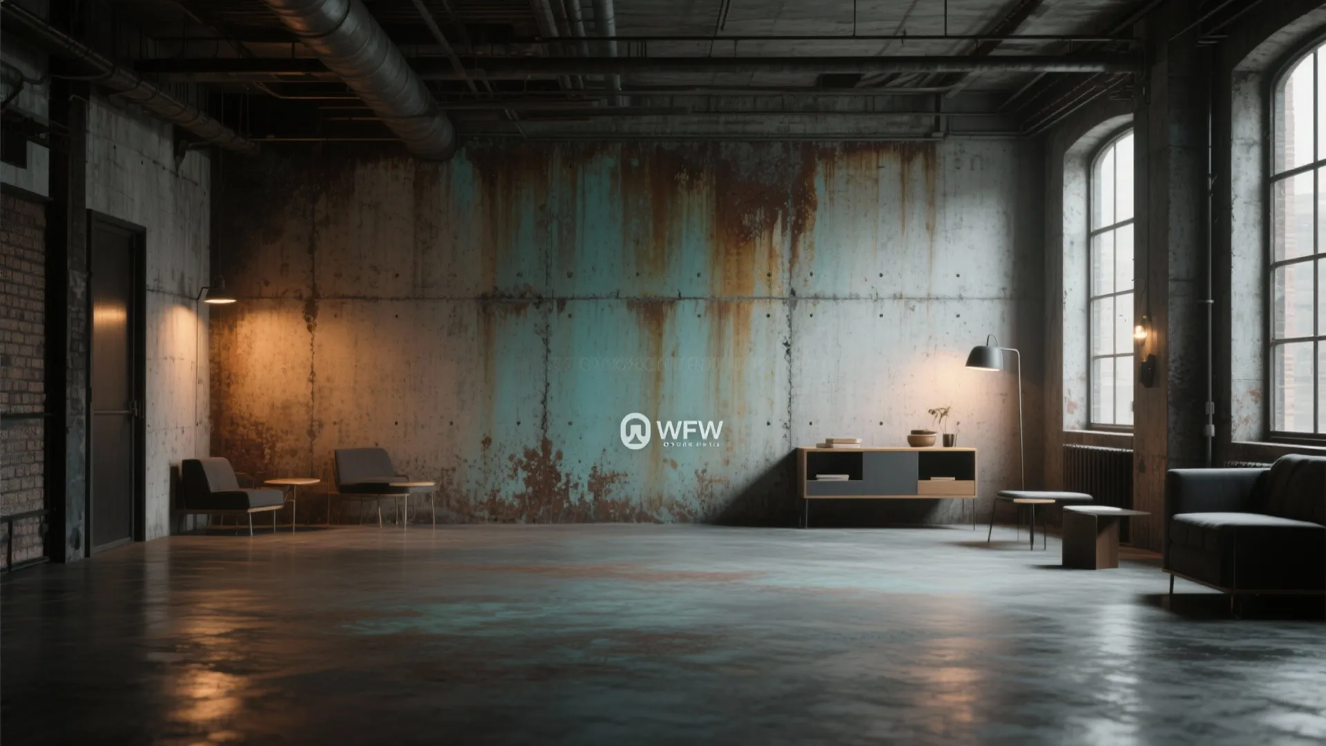 Industrial loft showing acid-stained concrete walls and floors with rich variegated tones and sealed finish.