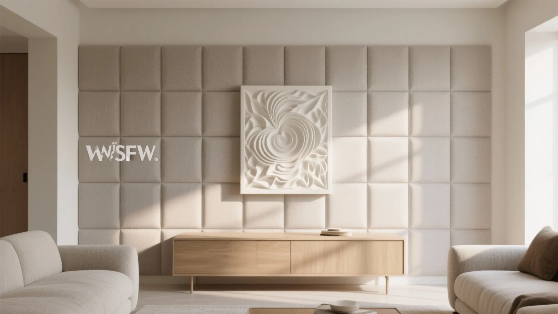 Modern living room with square padded wall panels and a wooden cabinet with soft sofas