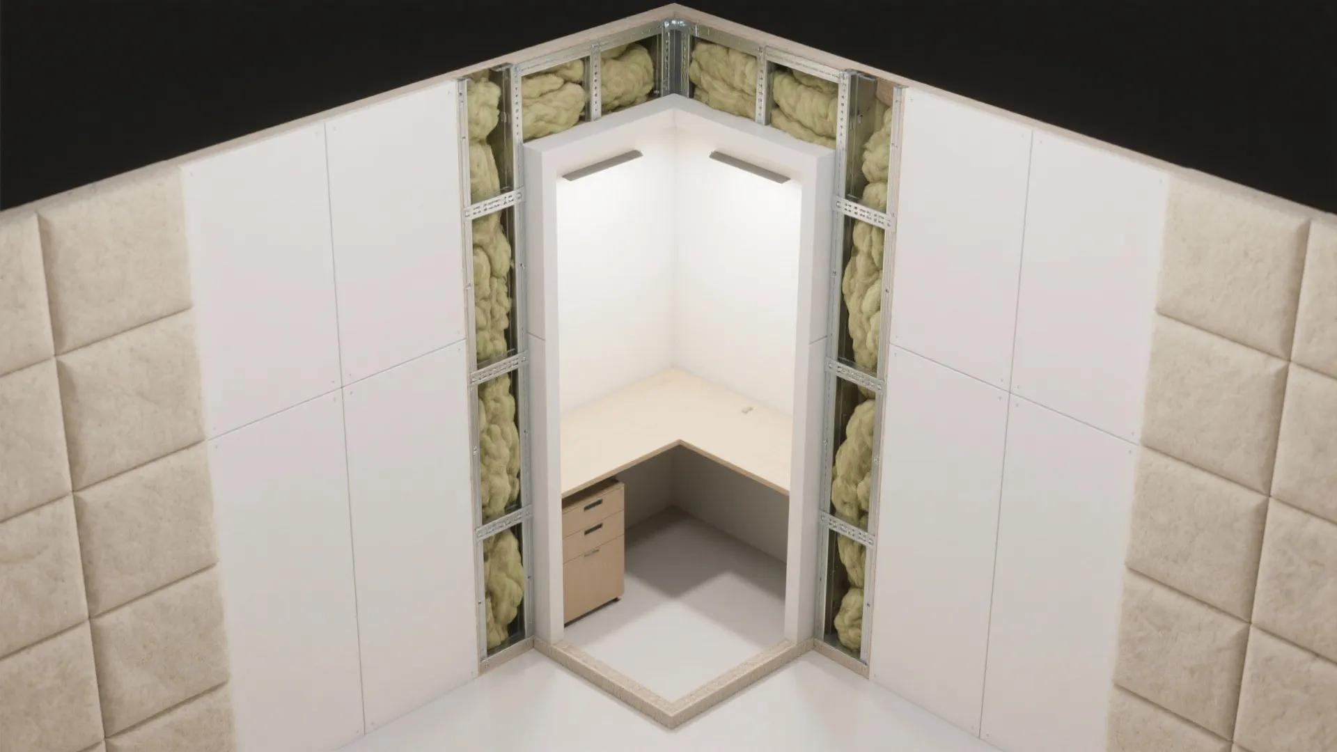 Interior design drawing showing small office desk area with wall panel layers and sound insulation