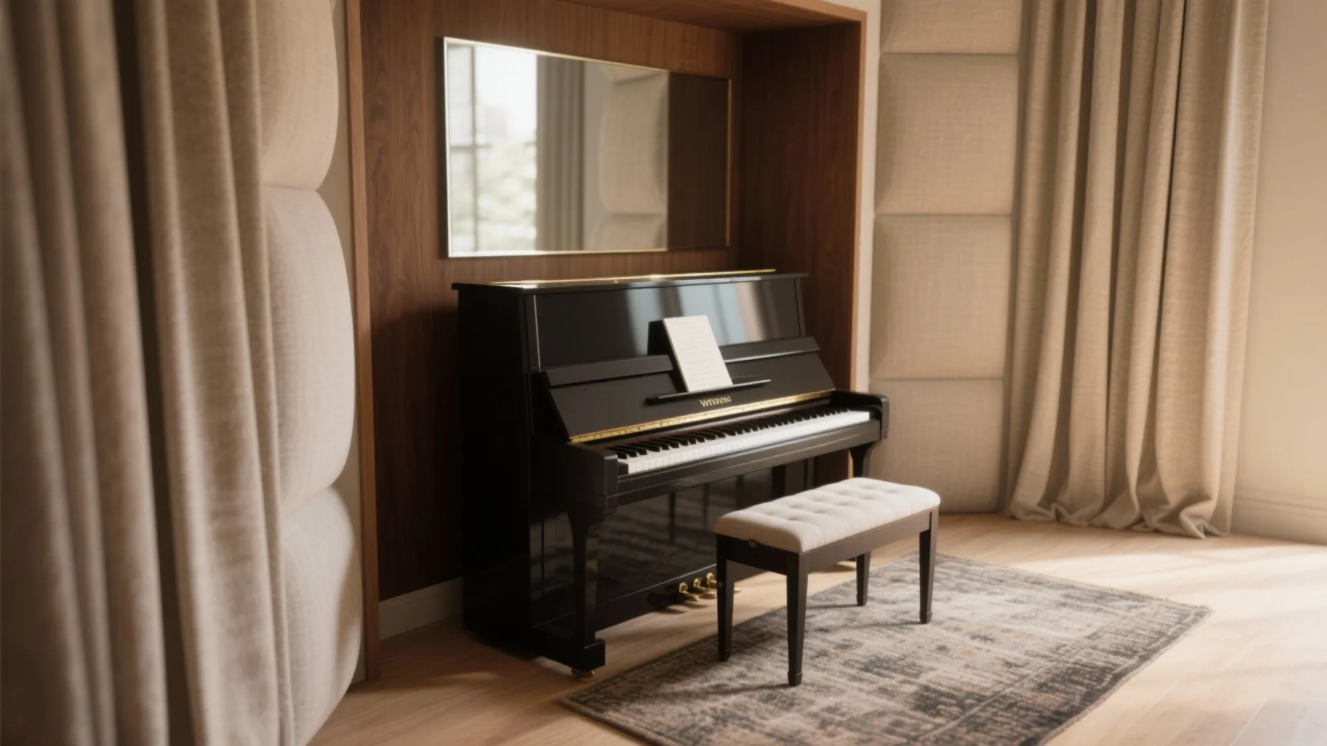 Black upright piano in a wooden wall nook with a small rug and soft beige curtains
