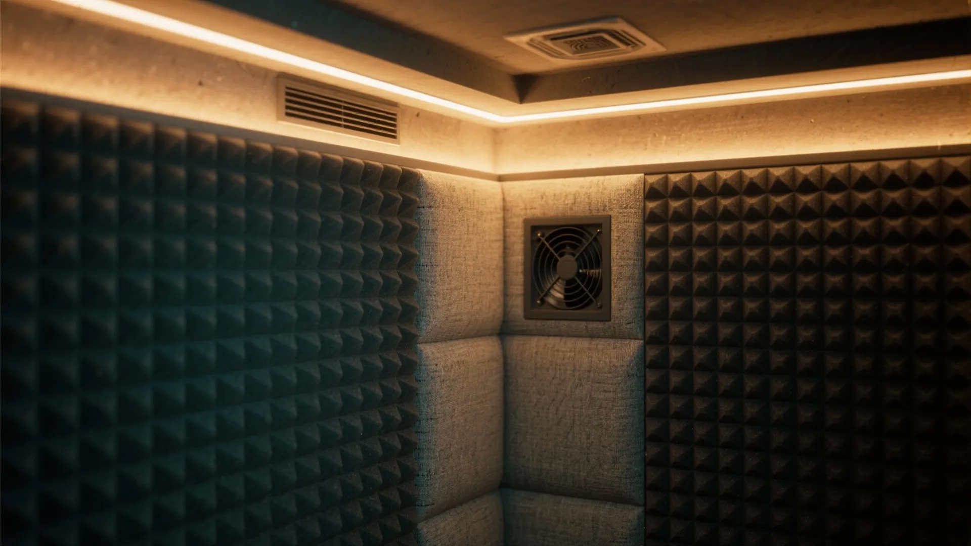 Corner of a room featuring black acoustic foam panels grey wall panels and warm light