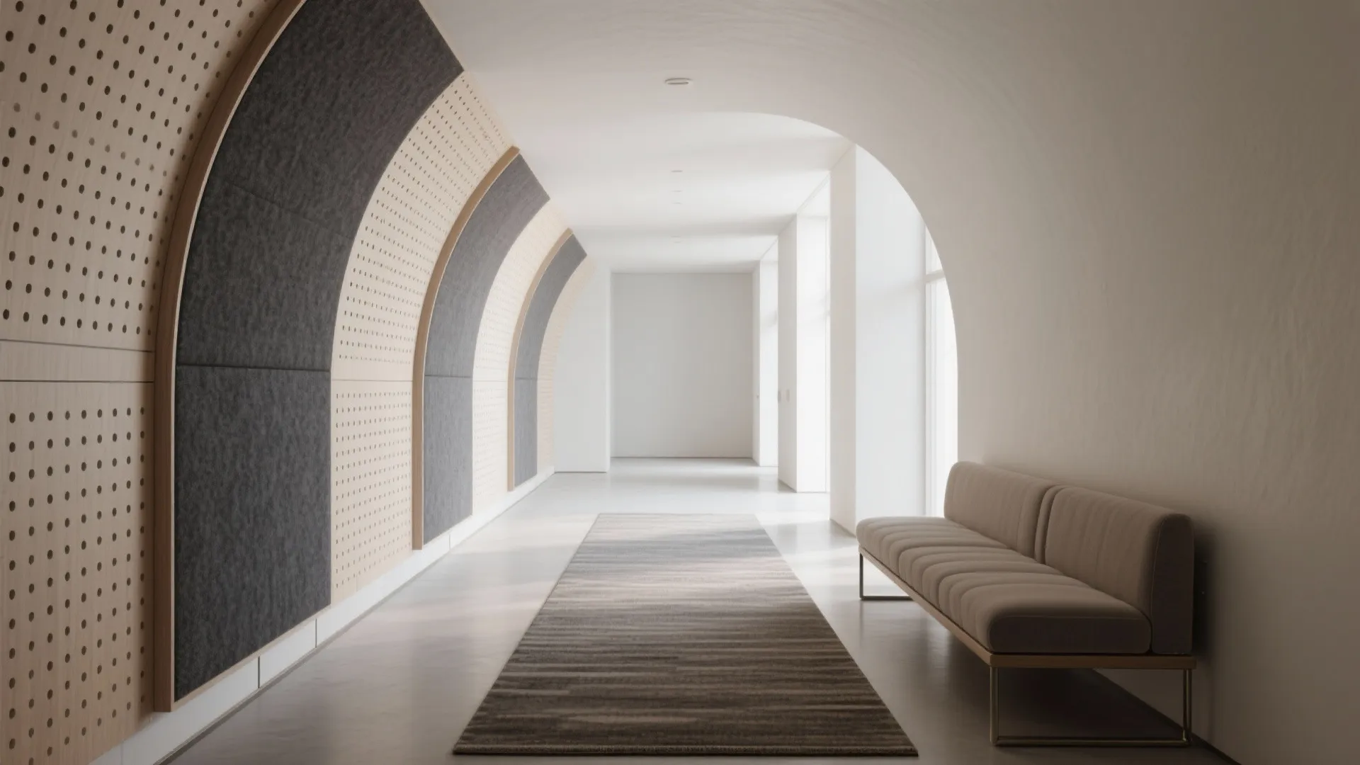 Modern white hallway featuring arched wall panels with holes a grey sofa and striped rug