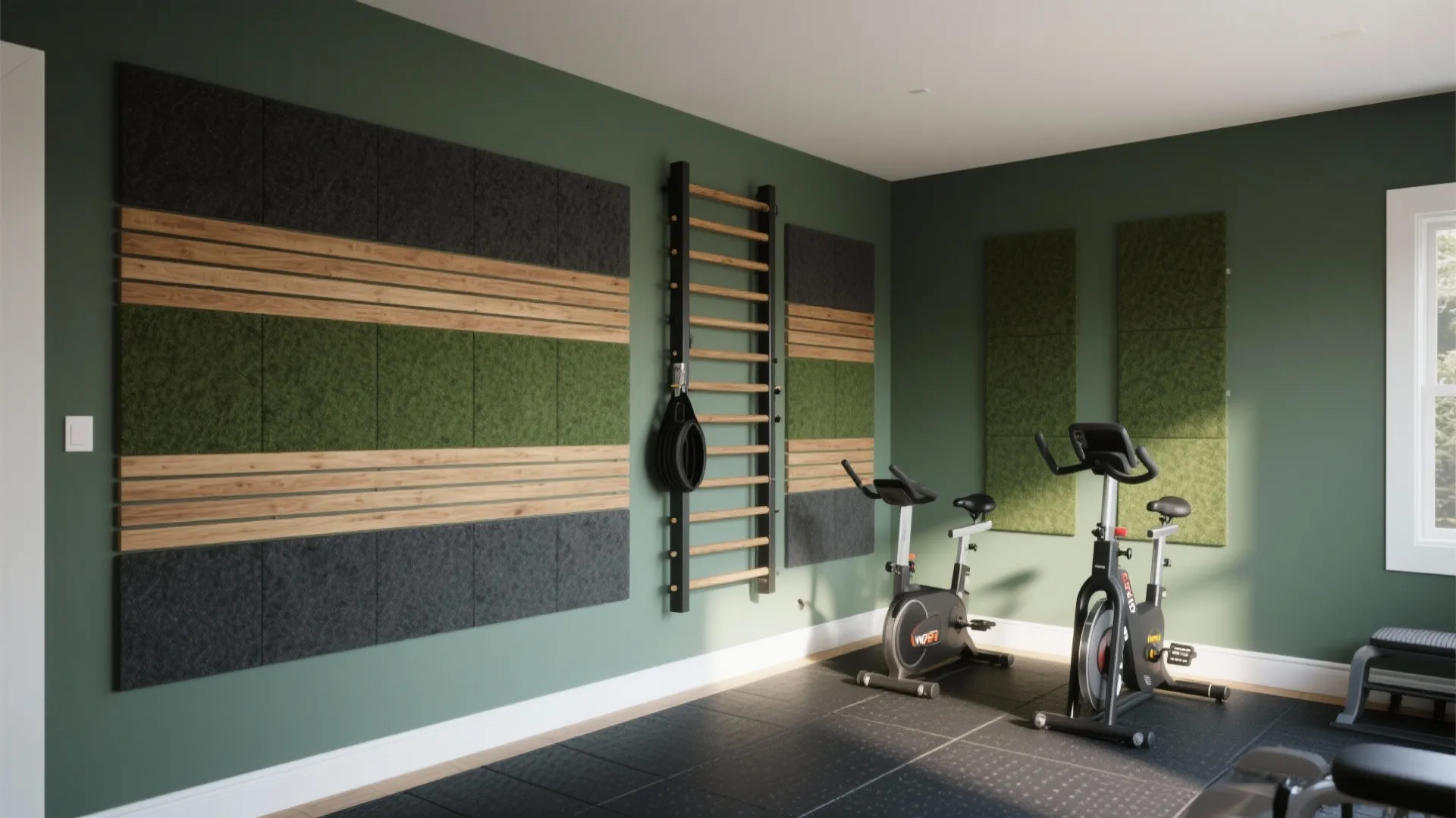 Modern home gym with green walls two exercise bikes wooden wall ladder and acoustic wall panels