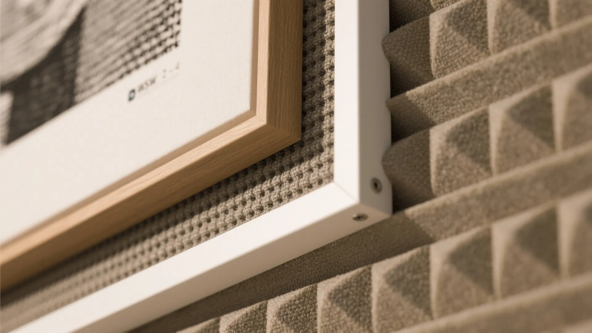 Close up of a framed picture hanging on a textured grey soundproof wall panel in room