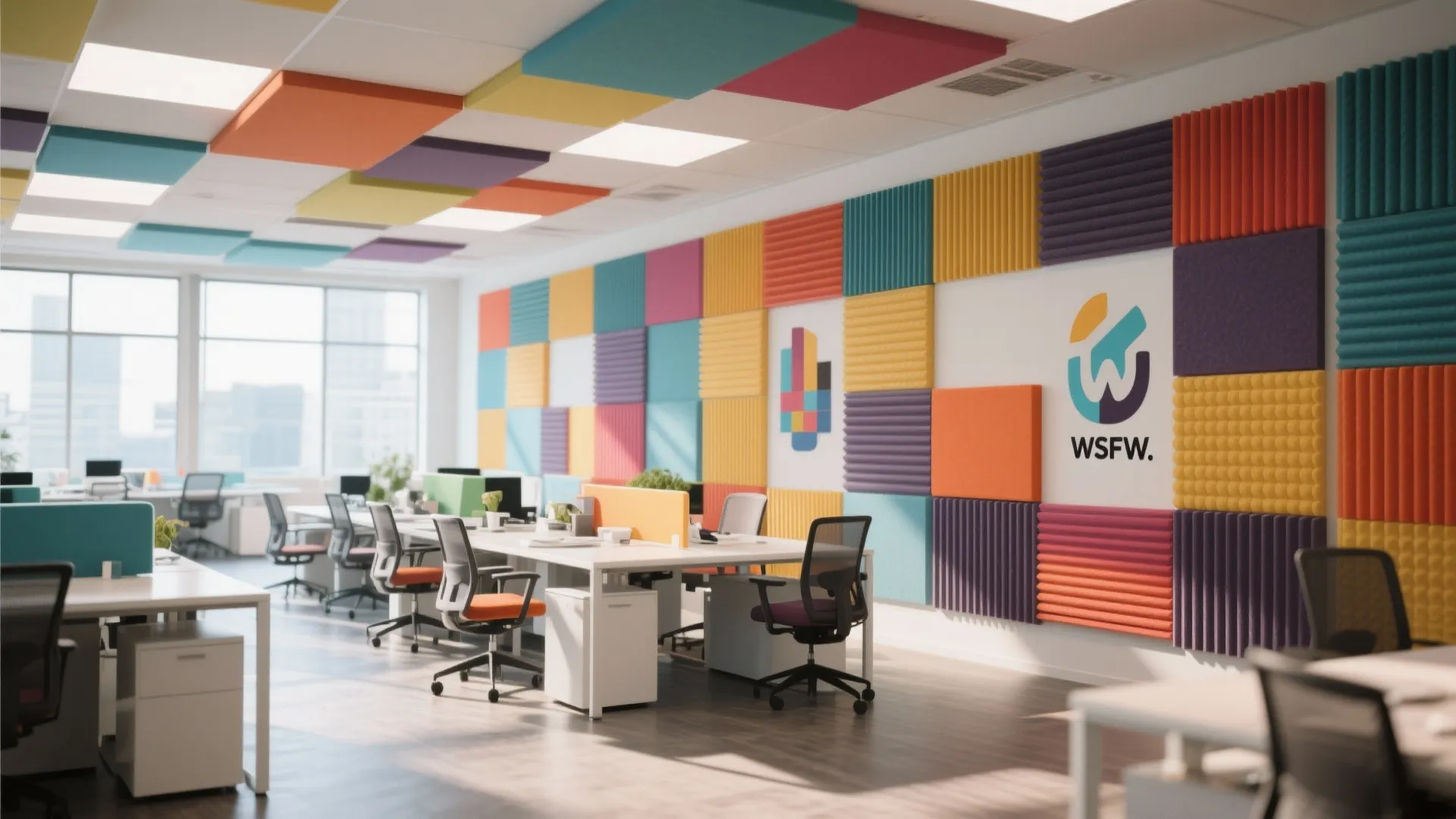 Modern colorful office interior with white desks black chairs and bright square wall panel designs