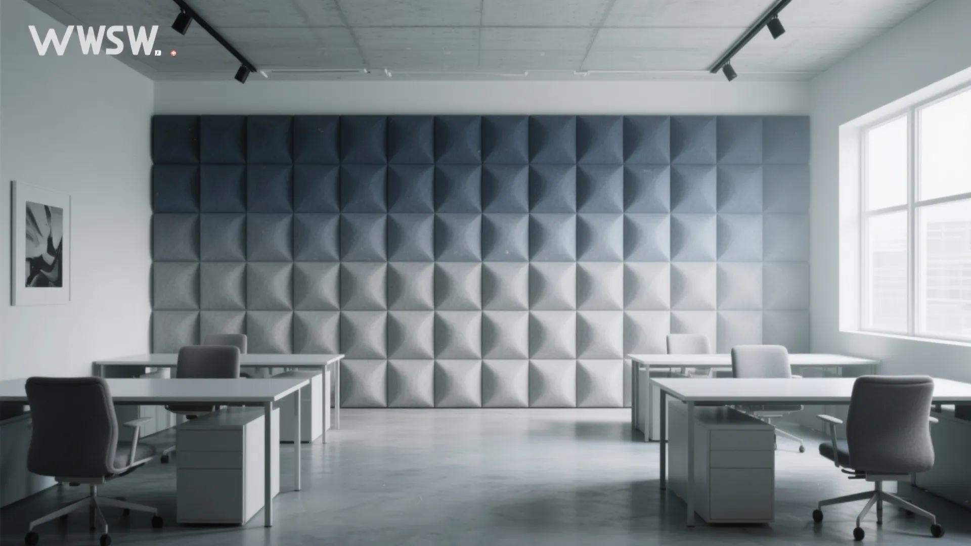 Modern office interior featuring desks chairs and a large blue and grey geometric wall panel
